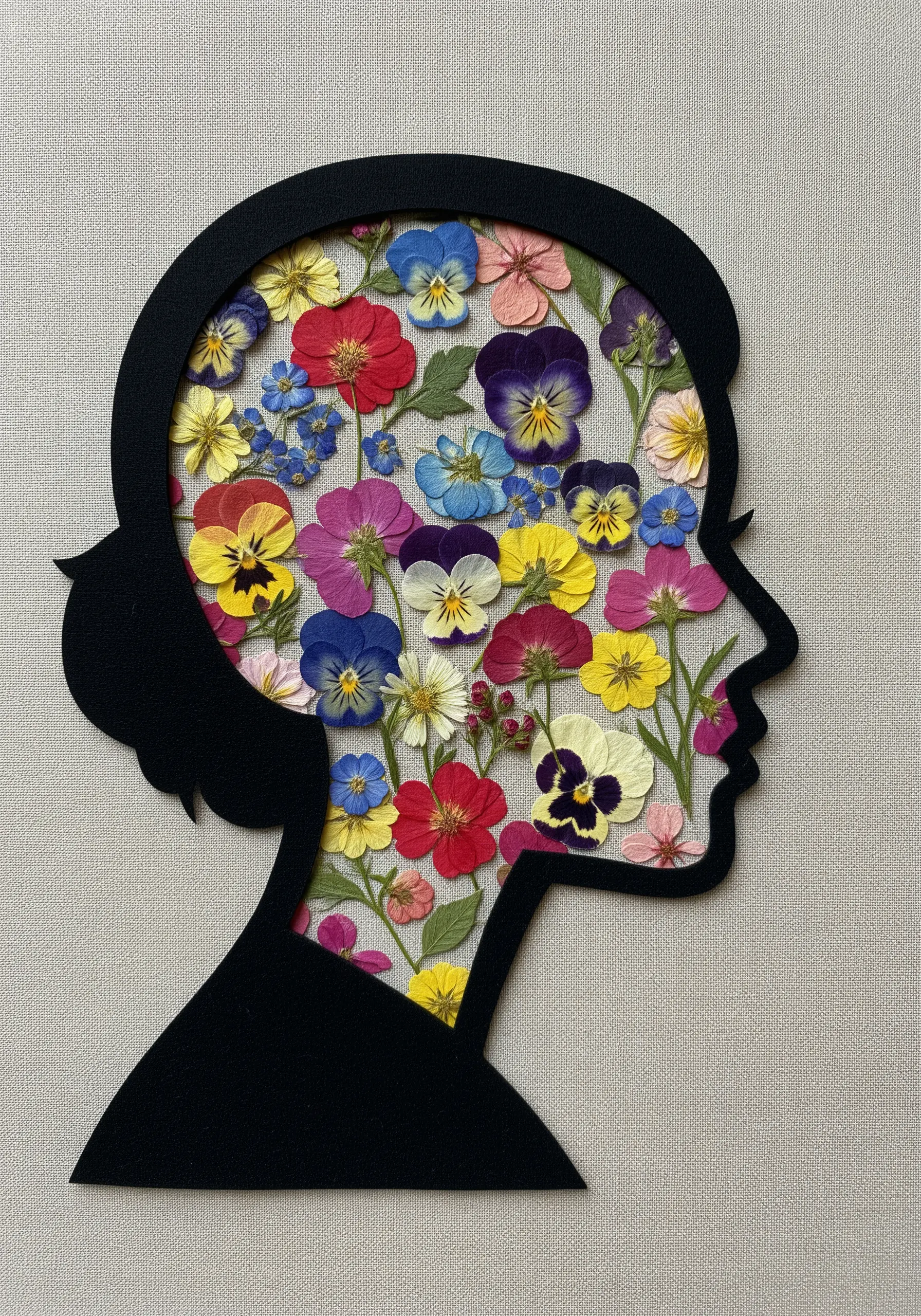 A black paper silhouette of a person's head, filled with a collage of colorful pressed flowers.
