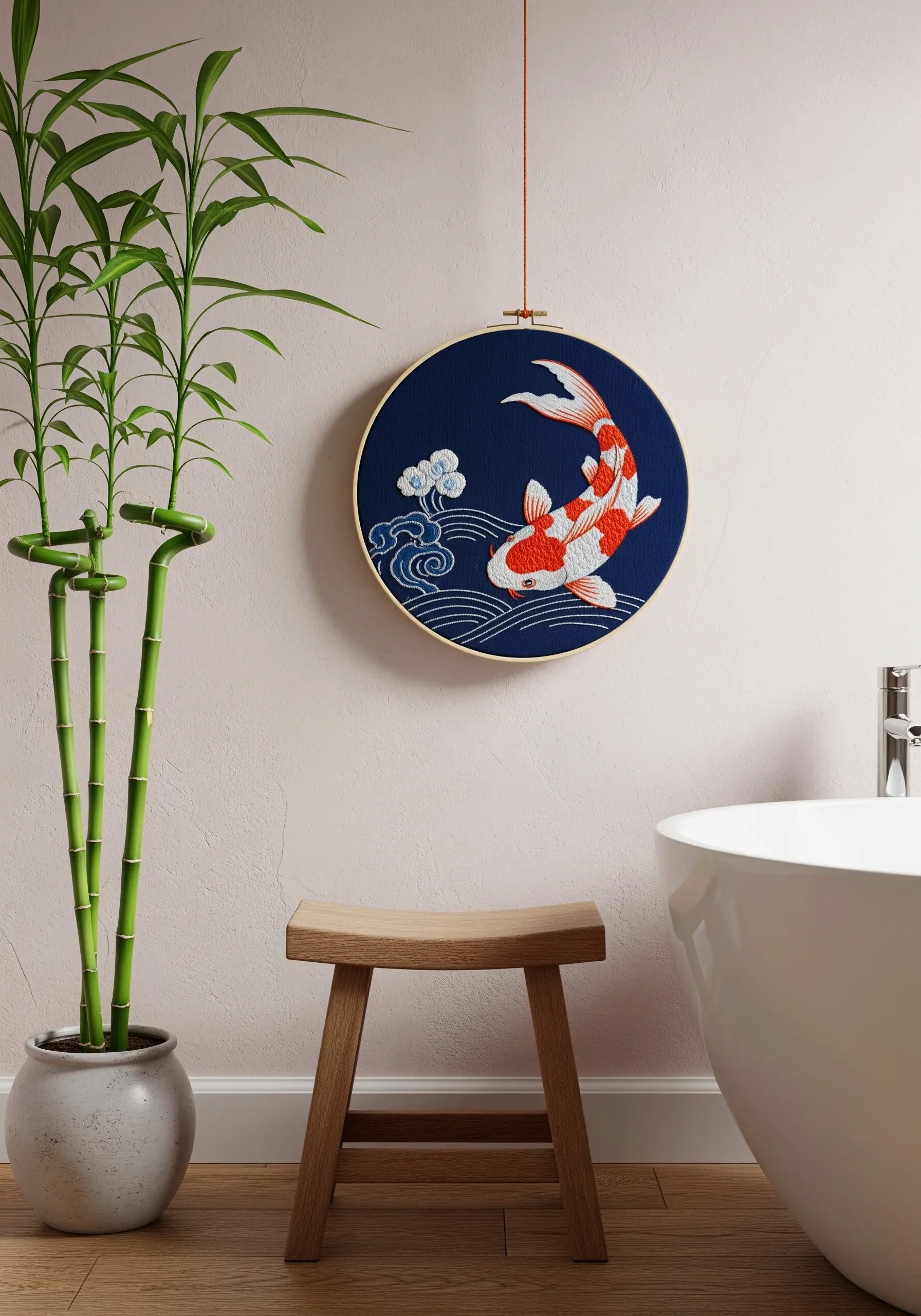 An embroidered koi fish on dark blue fabric, using negative space for the water.