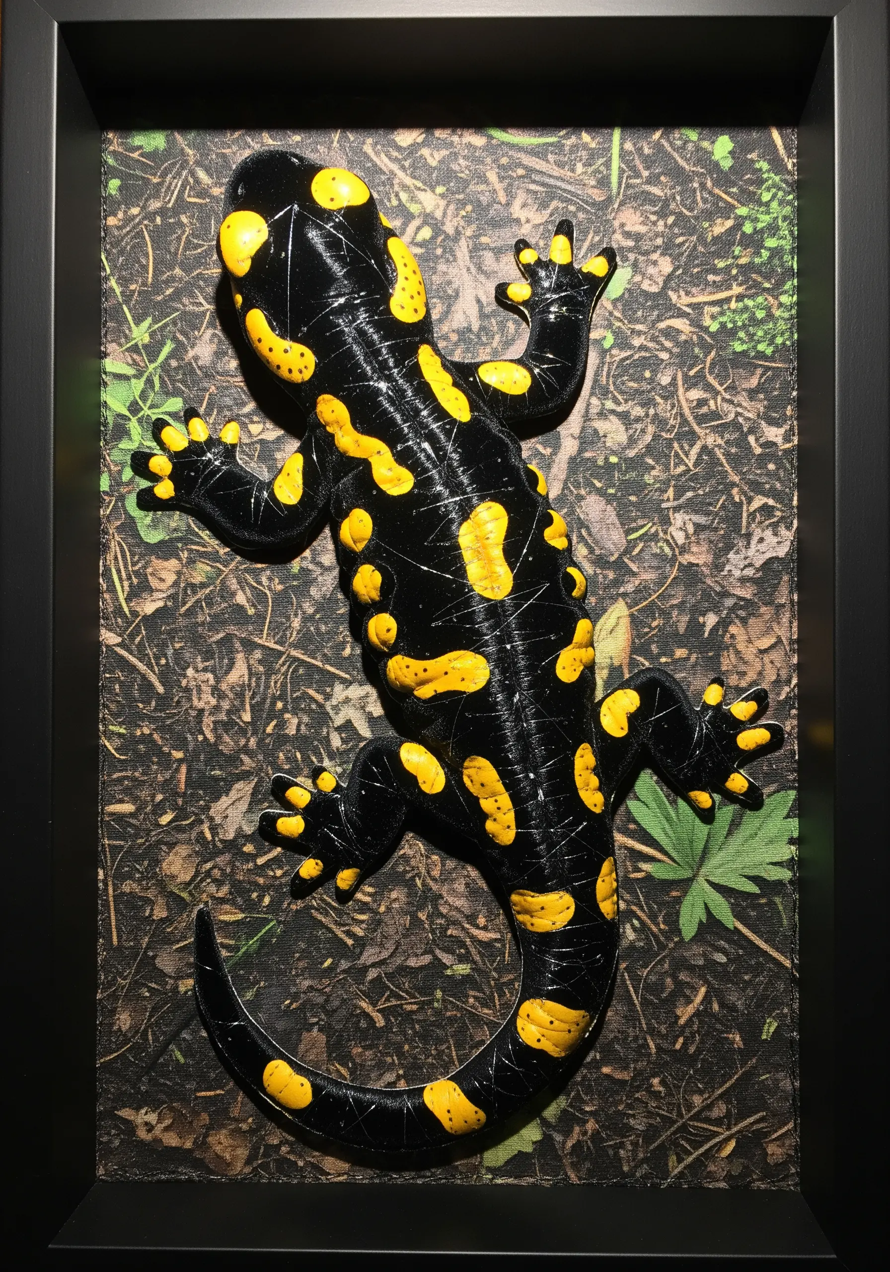 A black and yellow salamander with a raised, glossy body created with padded satin stitch.