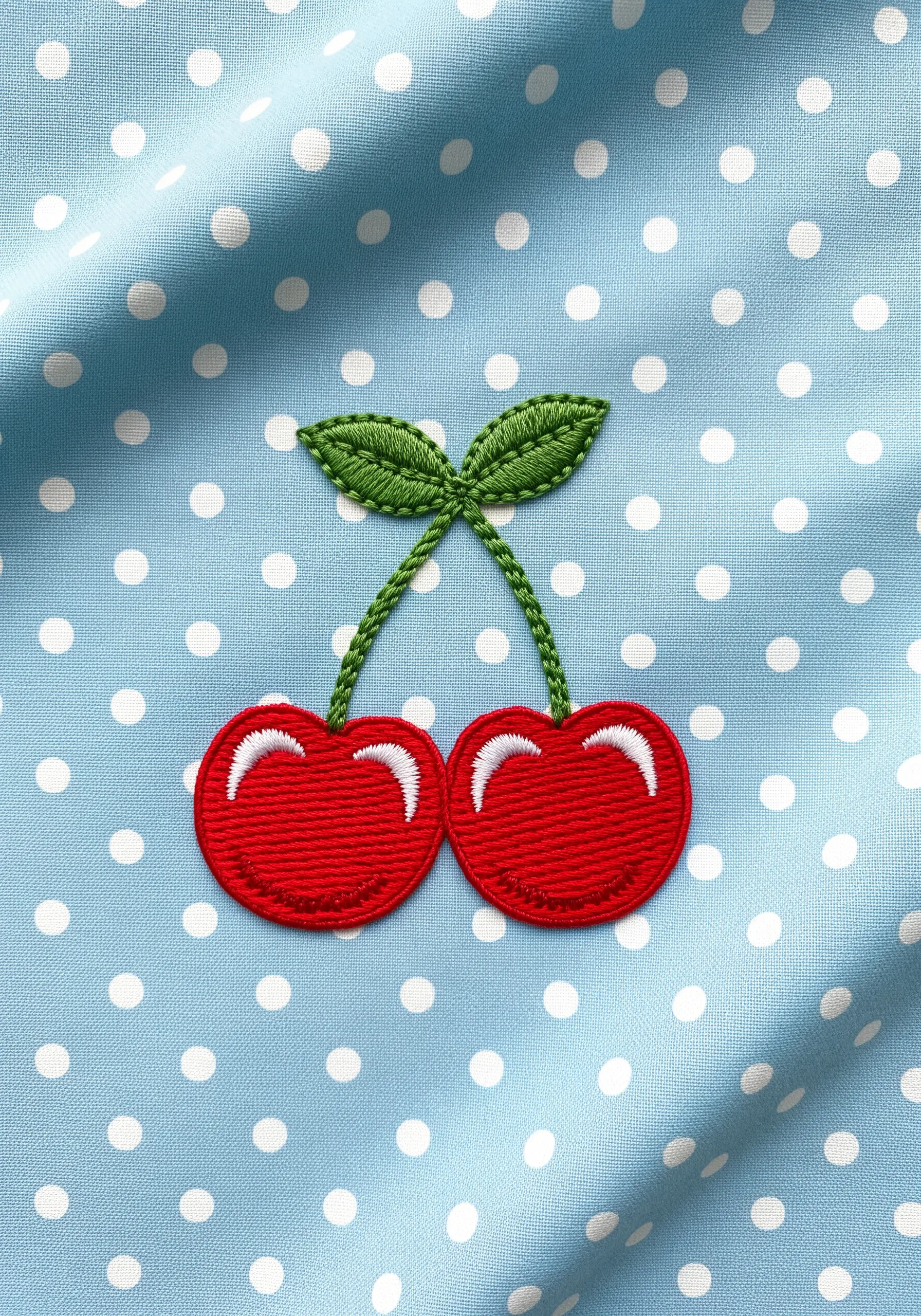 A pair of bright red embroidered cherries with green leaves on a blue polka dot fabric.