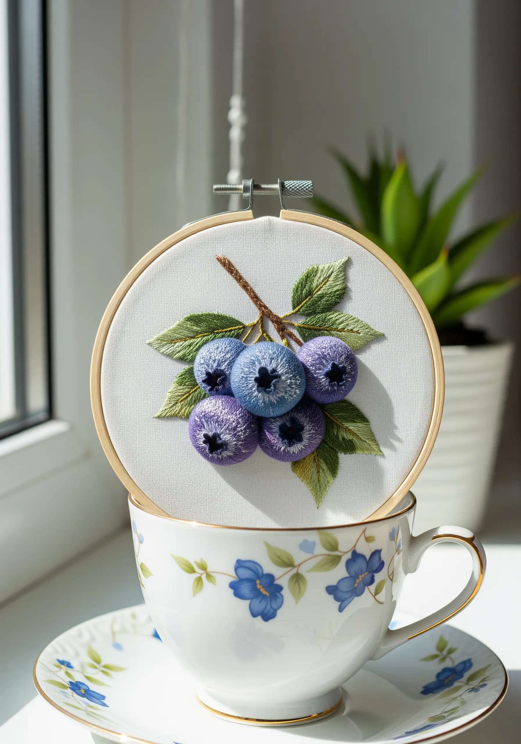 Plump, 3D embroidered blueberries on a branch, created with padded satin stitch.