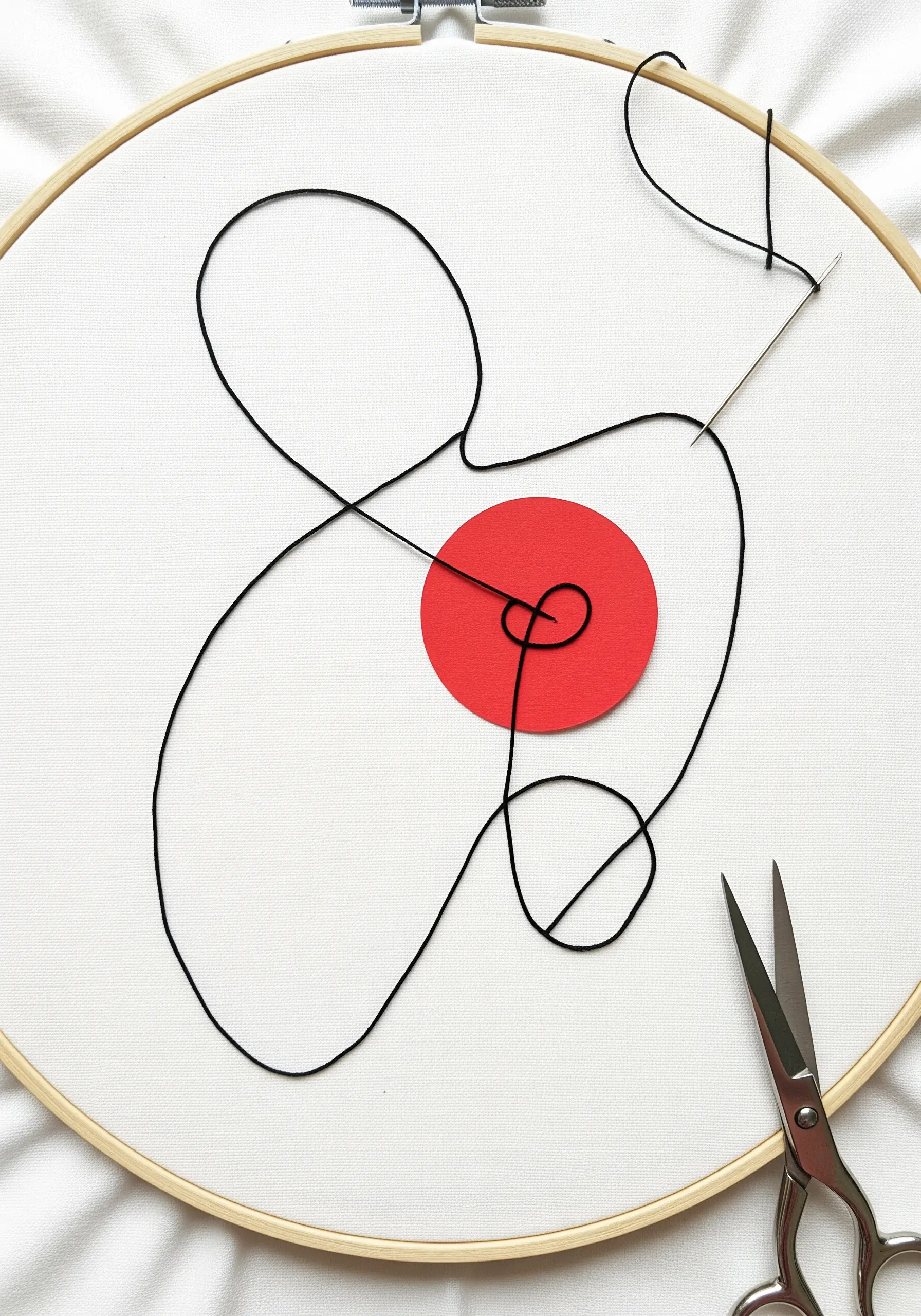 A single red paper circle on white fabric, pierced by a looping black thread.