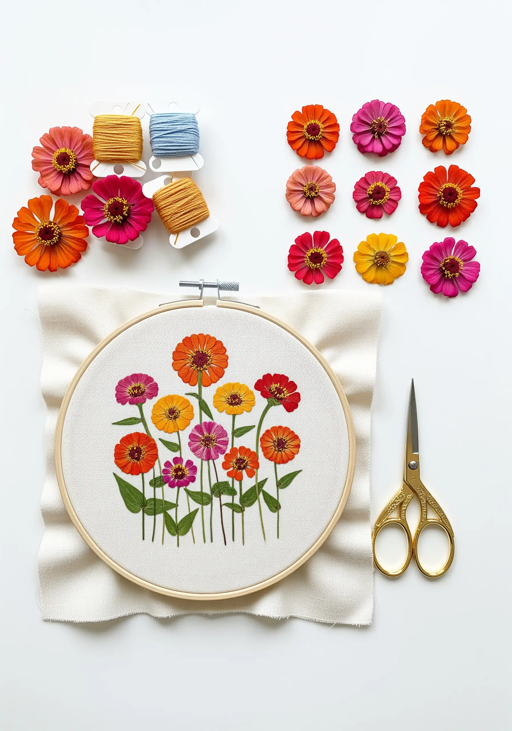 A collection of colorful dried zinnia flowers laid out next to an embroidered version in a hoop.