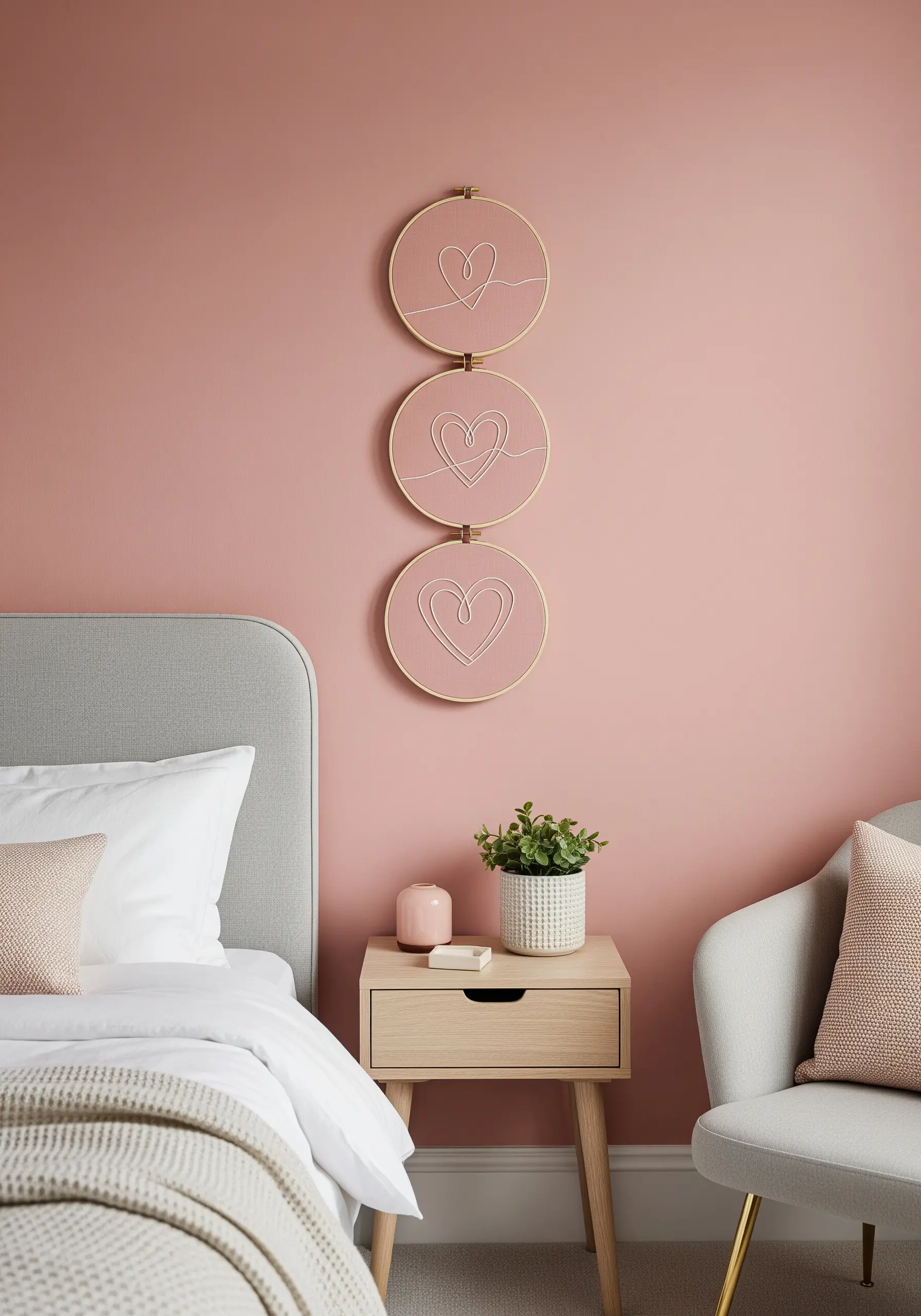 A vertical series of three embroidery hoops with continuous-line heart designs on pink fabric.