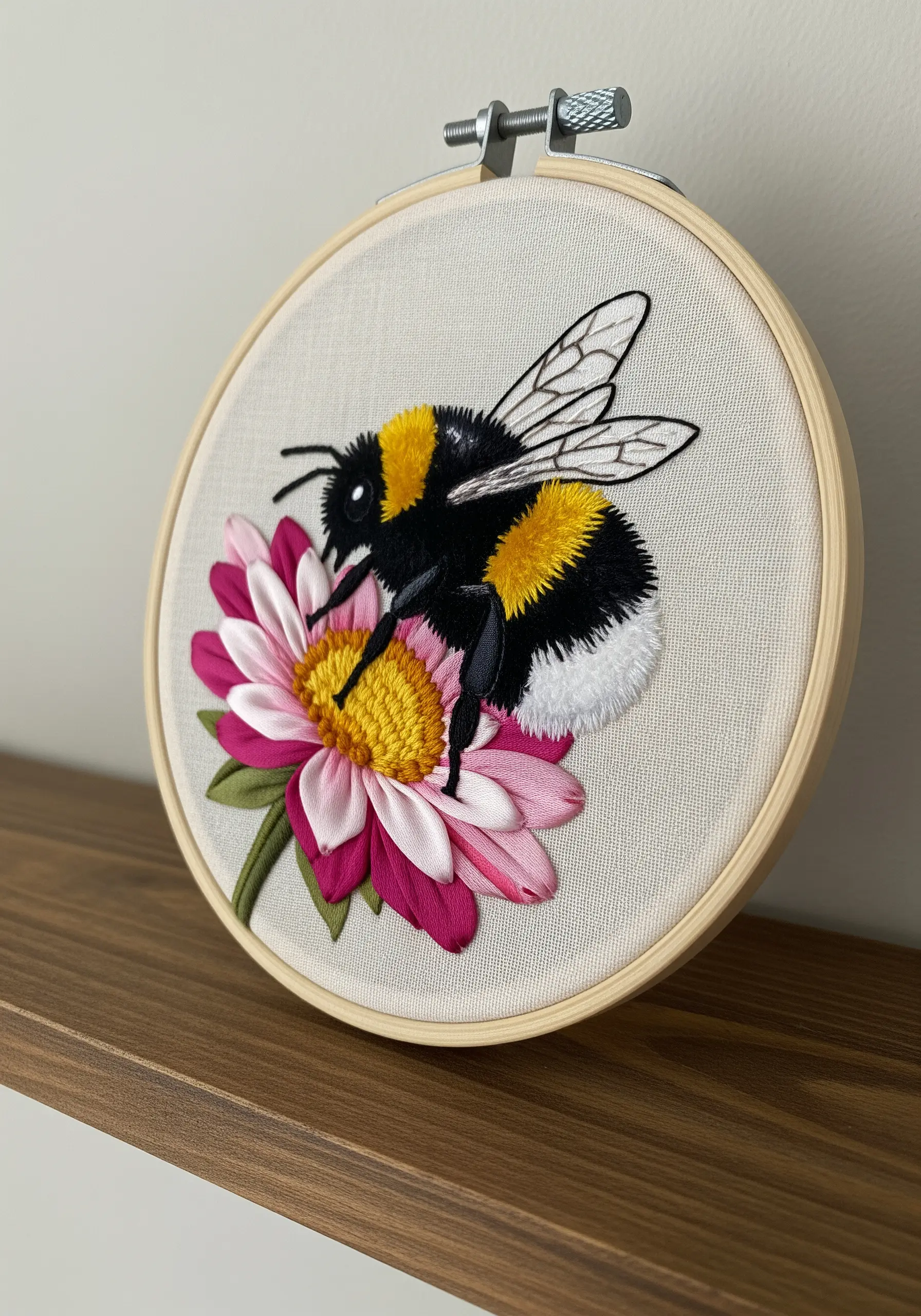 A fluffy embroidered bumblebee on a flower made with pink and white ribbon stitches.