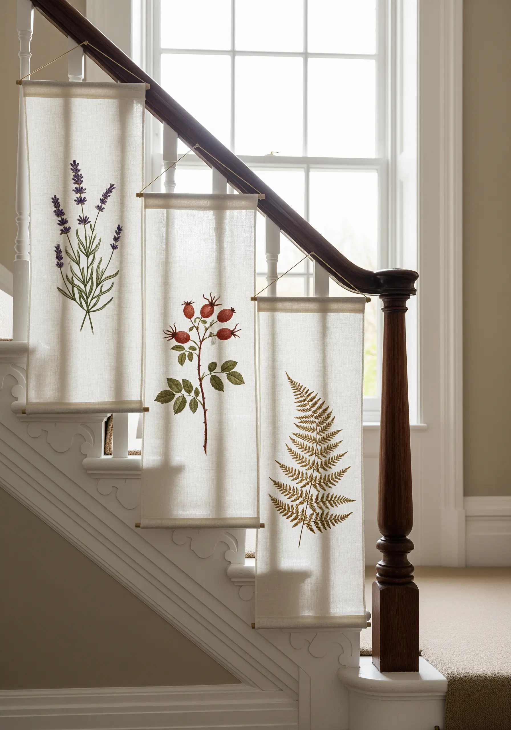 Three sheer linen banners with delicate lavender, rosehip, and fern embroidery.