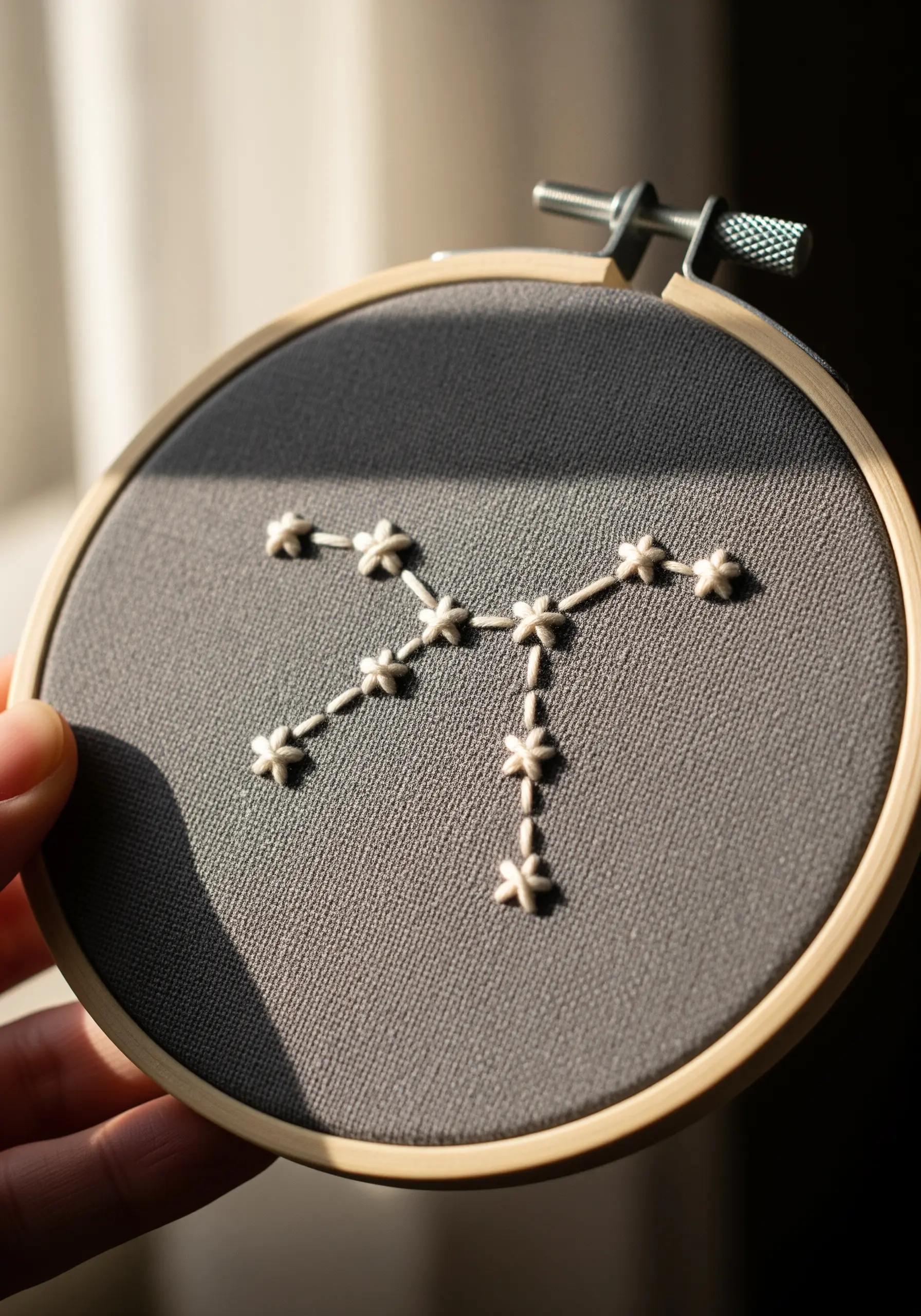 A zodiac constellation embroidered with white star stitches on grey fabric.