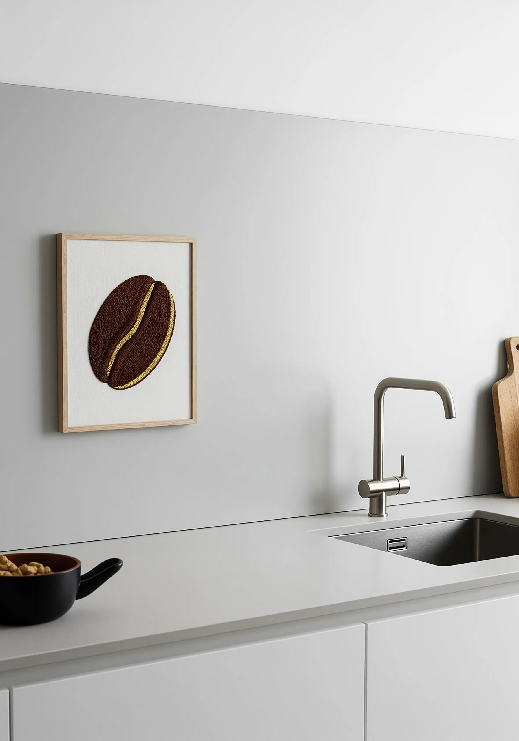 A framed embroidery of a coffee bean with directional brown satin stitch and a gold accent line.