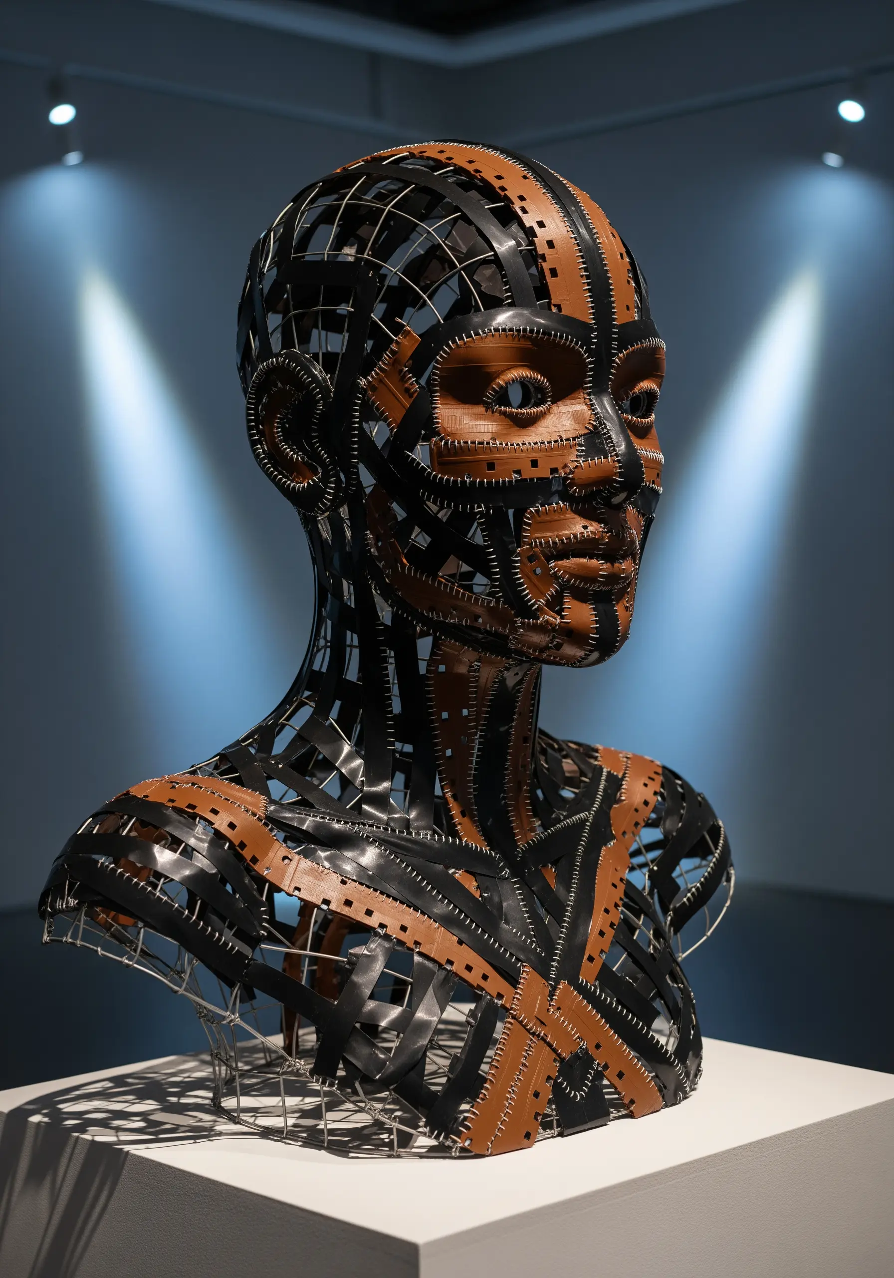 A bust sculpture made from a wireframe with black and brown leather strips stitched together.