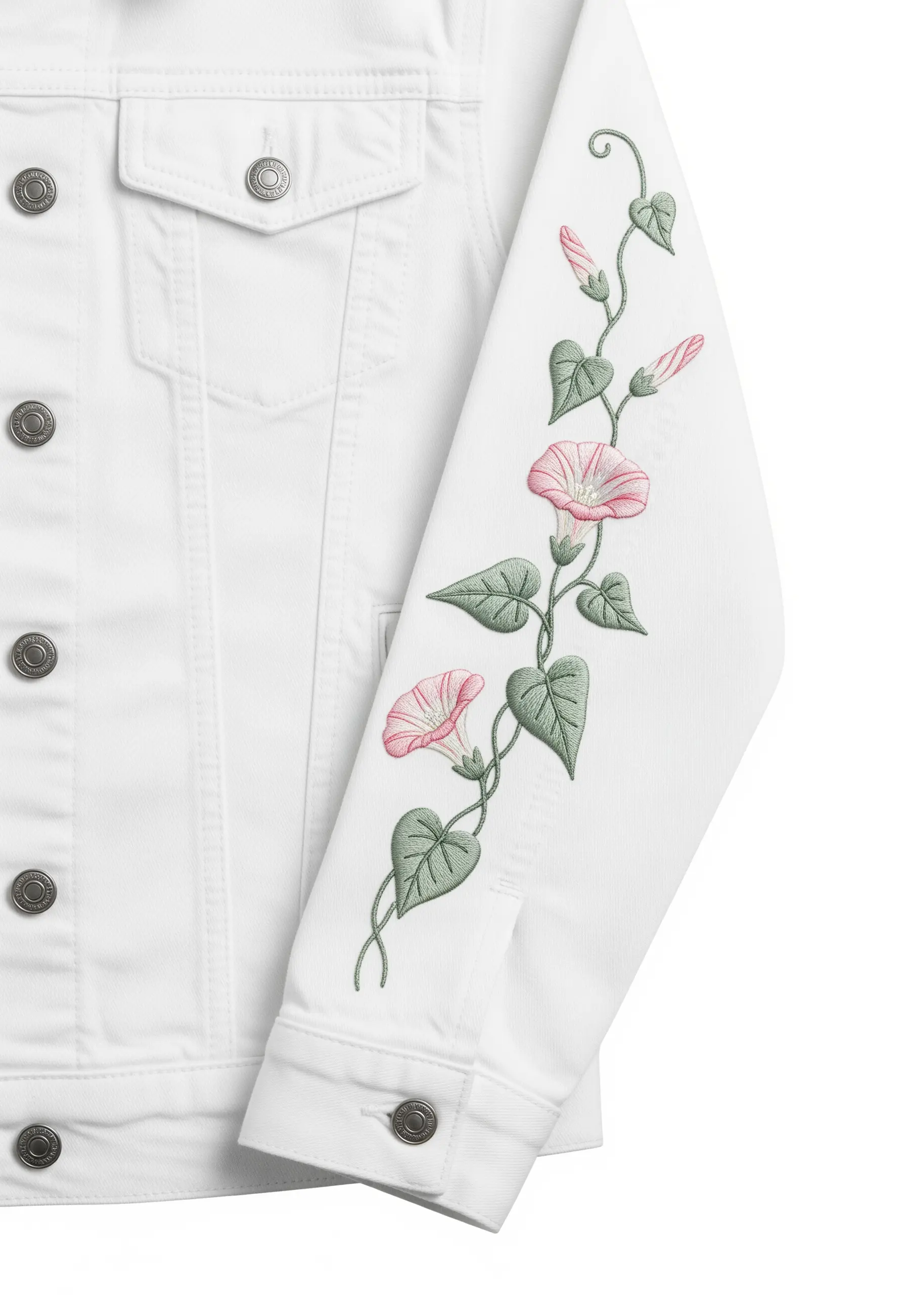 A delicate morning glory vine with pink flowers embroidered up the sleeve of a white jacket.