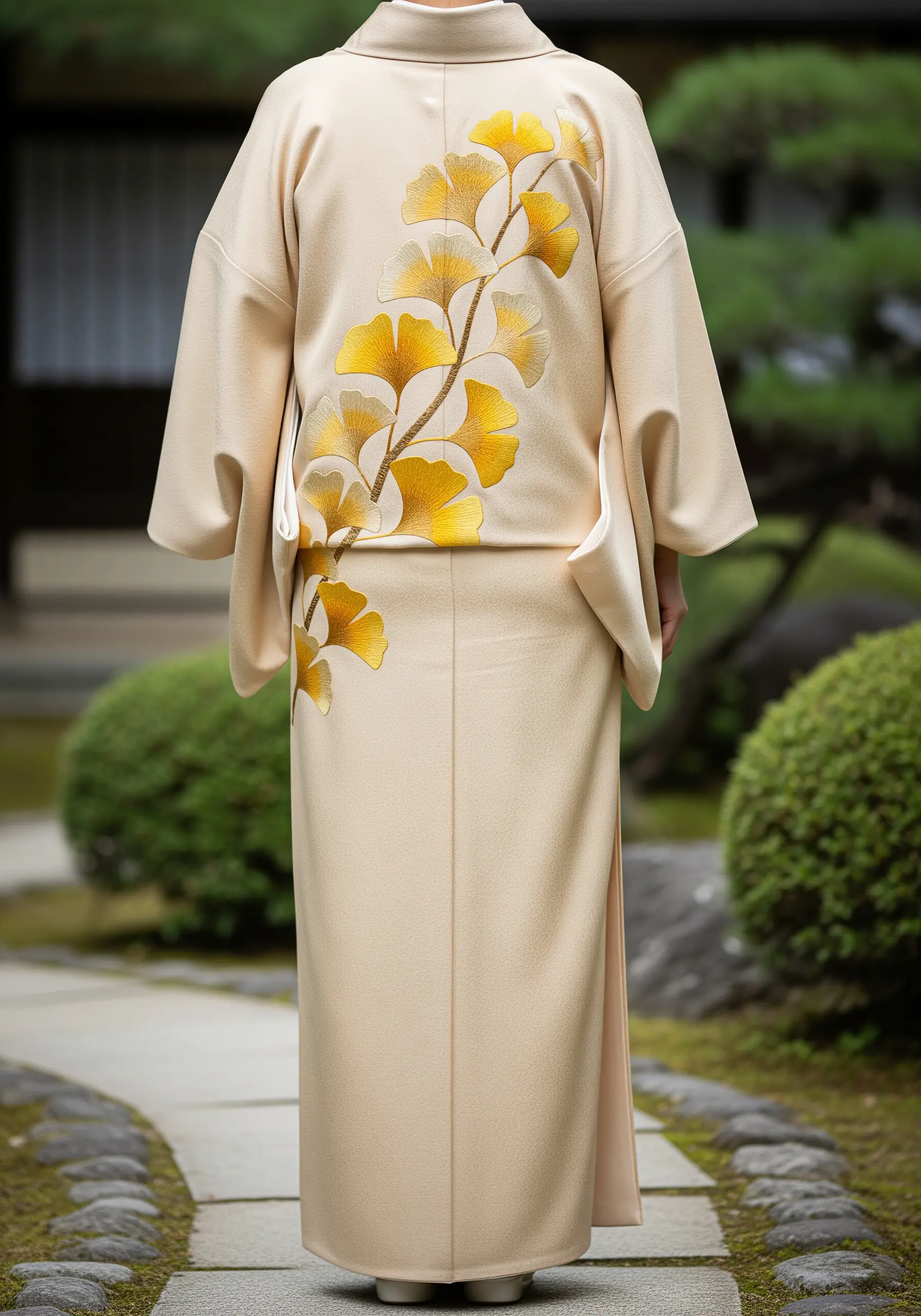 A cream-colored kimono with a large, elegant embroidered ginkgo branch on the back.