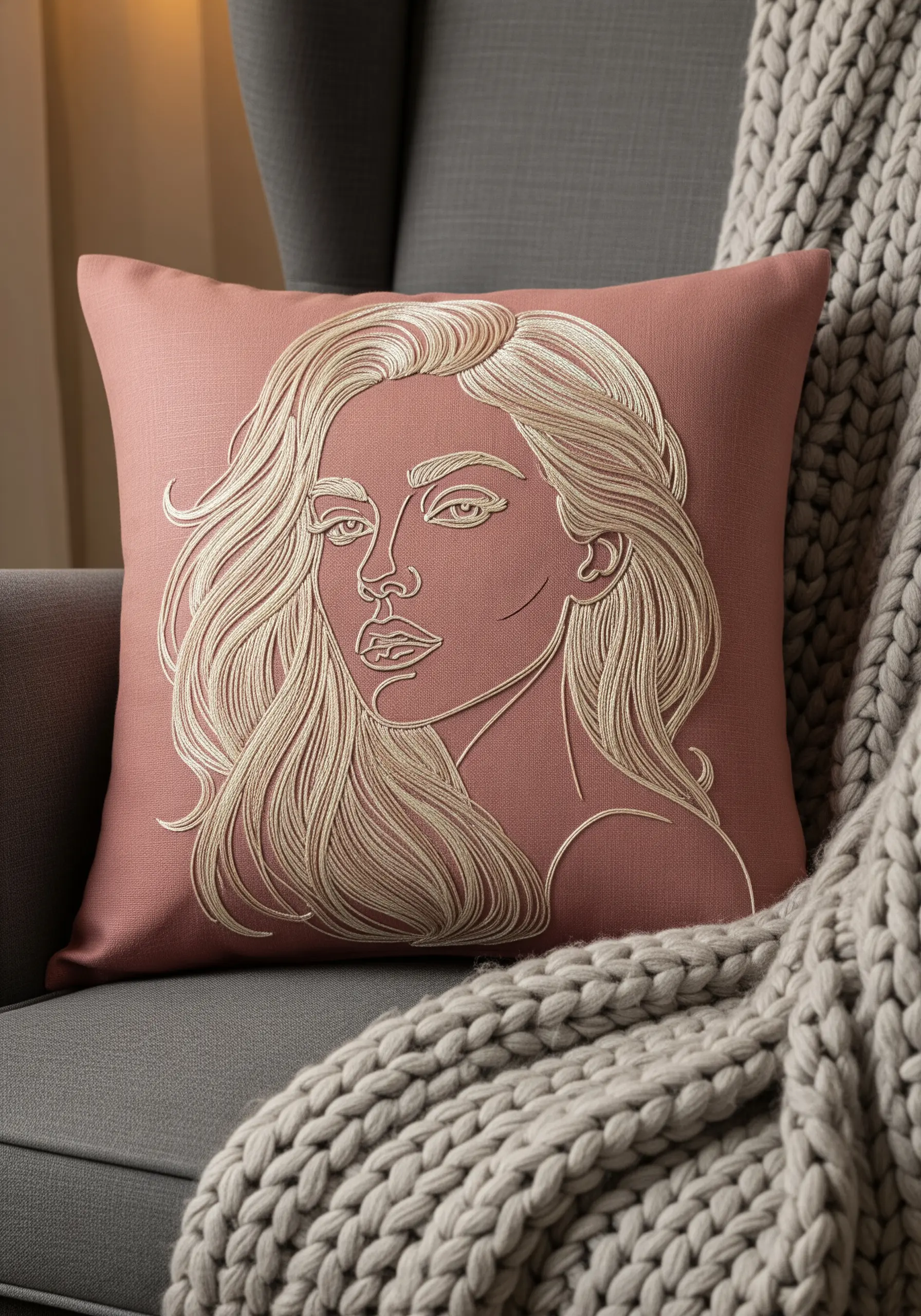 Gold thread line-art portrait on a pink cushion with thick, flowing hair.