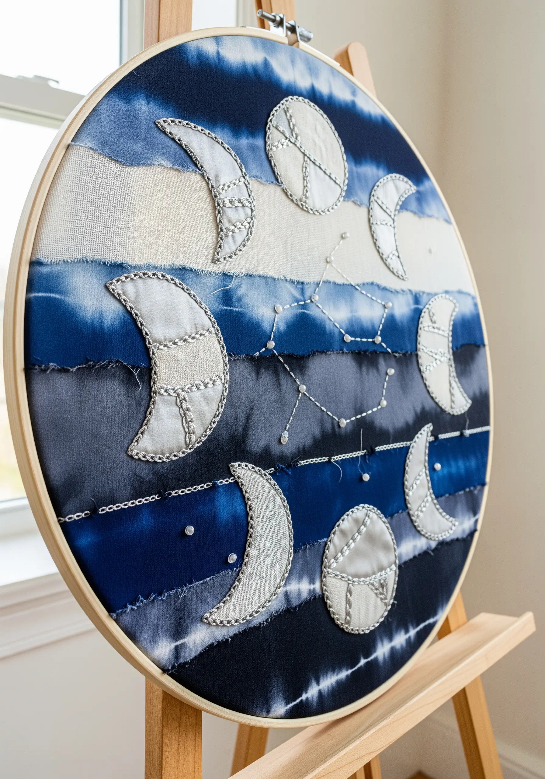 Moon phases appliquéd onto a blue and white tie-dye fabric in a large hoop.