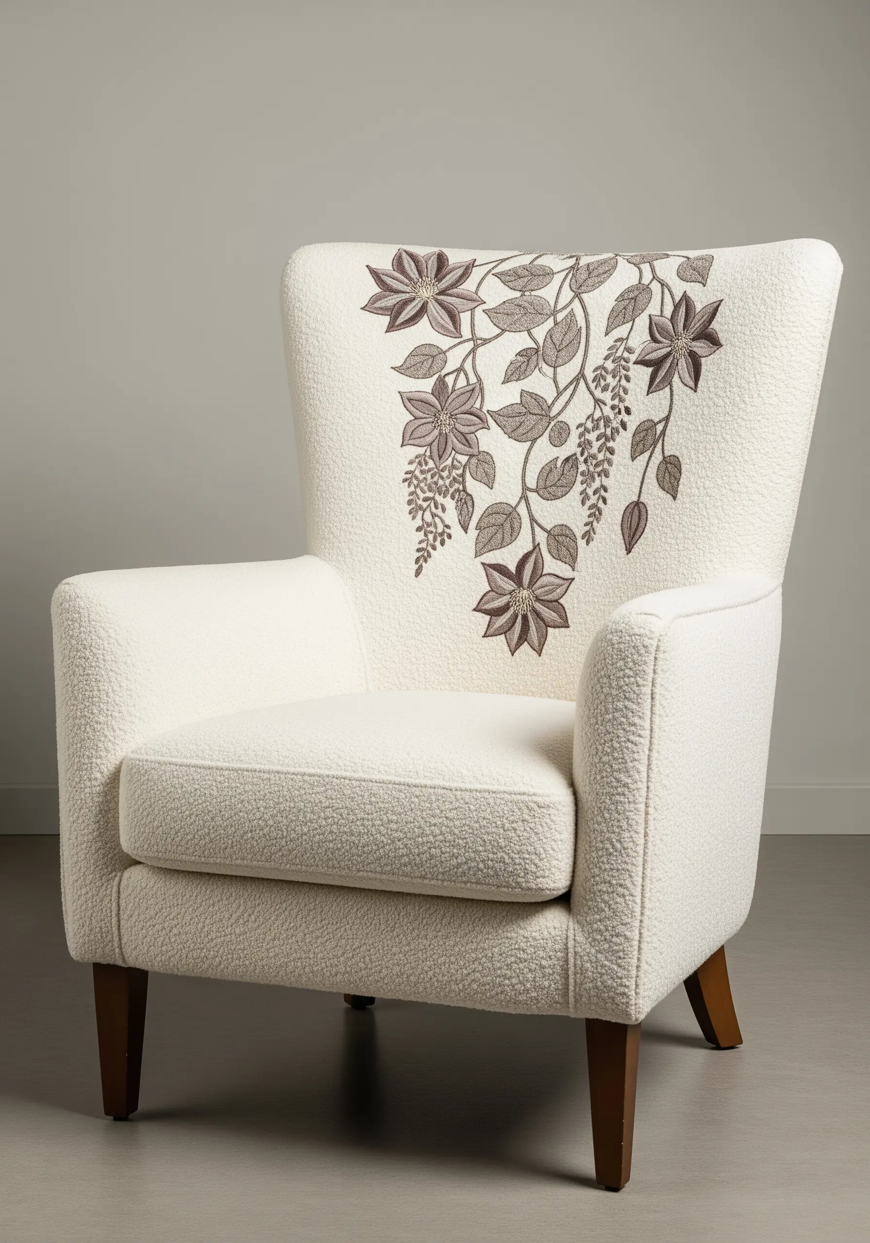 A cream-colored bouclé armchair with a subtle, tone-on-tone embroidered floral design.