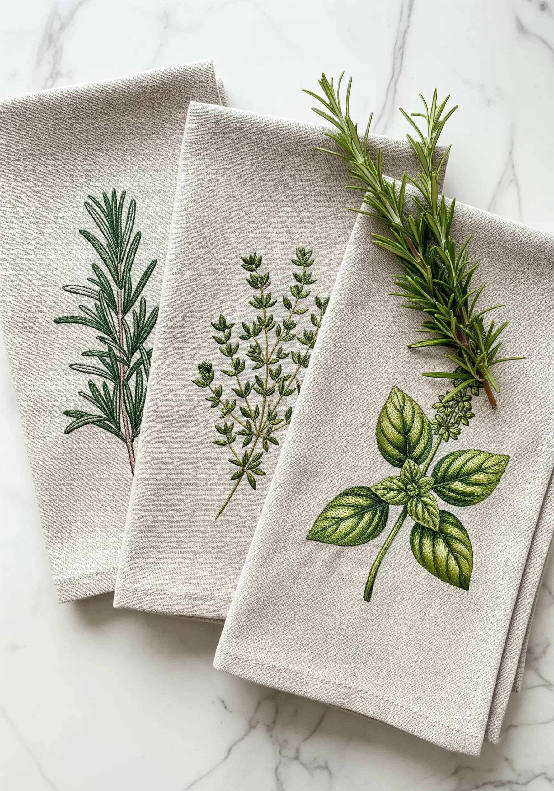Linen tea towels with realistic botanical embroidery of rosemary, thyme, and basil.