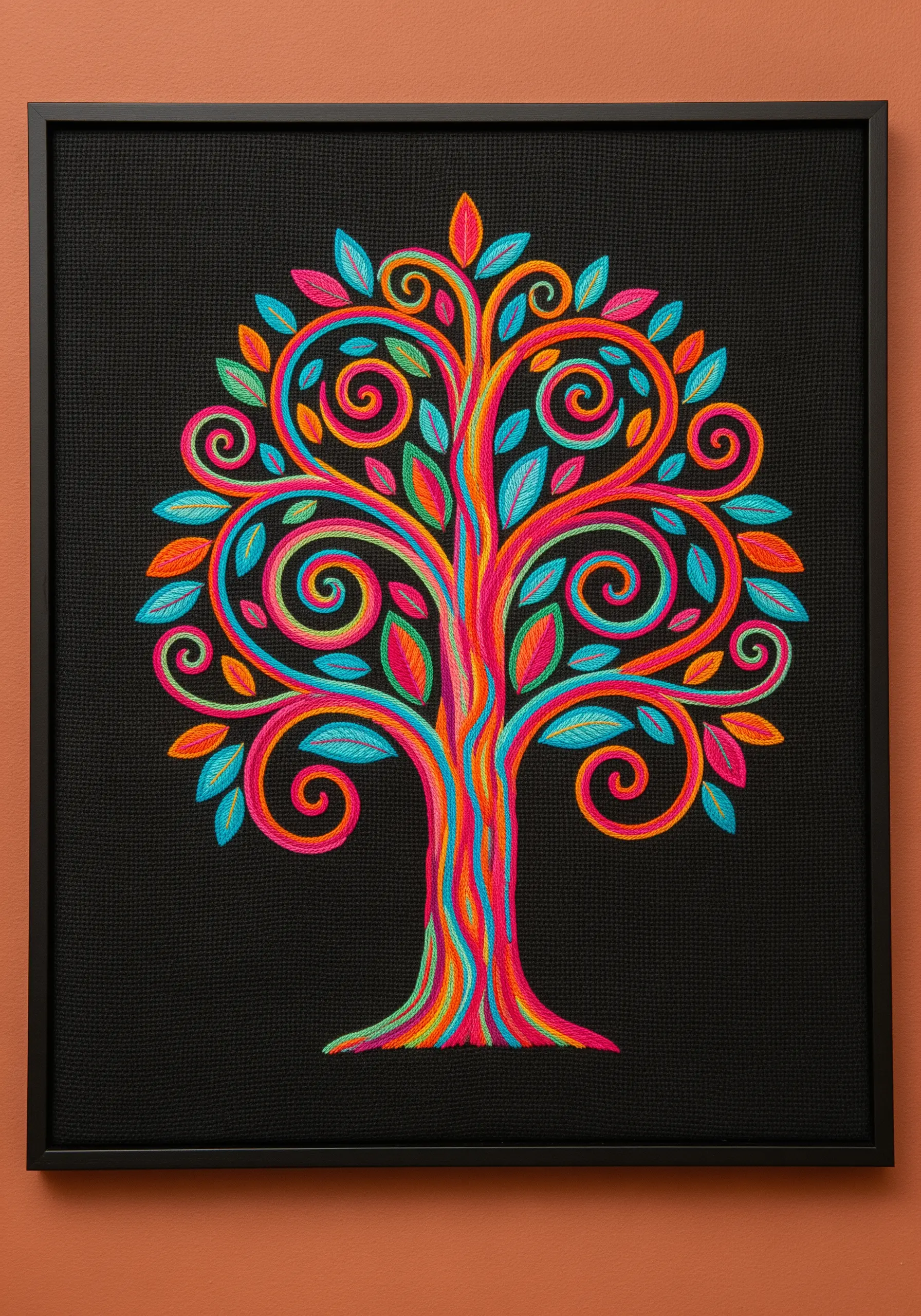 A vibrant, stylized Tree of Life embroidered with swirling, multi-colored variegated thread.