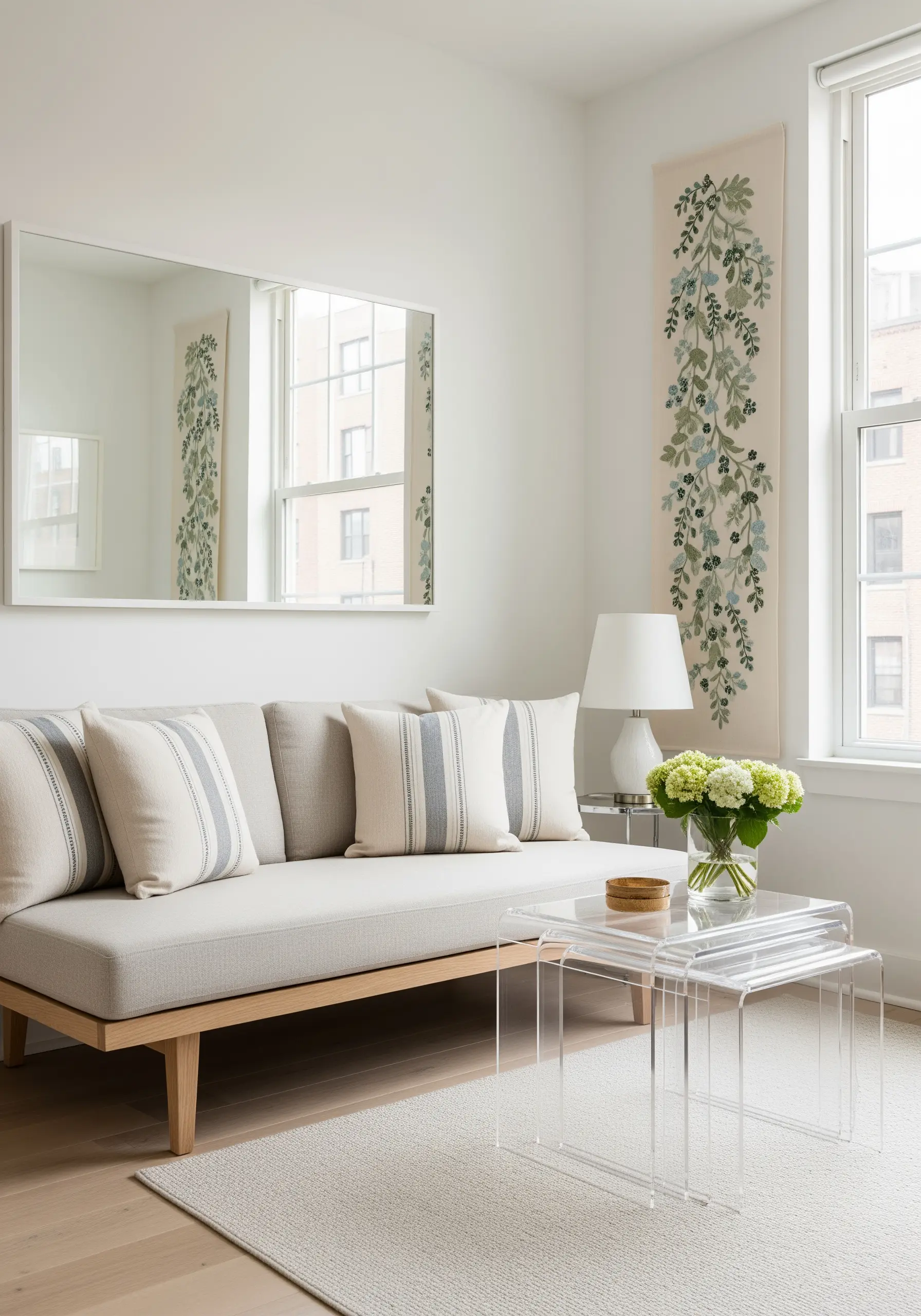 A tall, narrow embroidered wall hanging with green and blue botanical motifs.