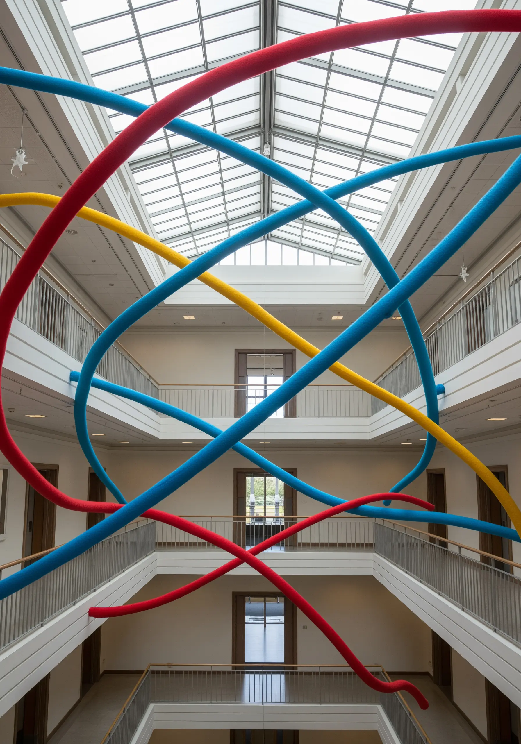 Colorful, fabric-covered tubes snaking through the open atrium of a multi-story building.