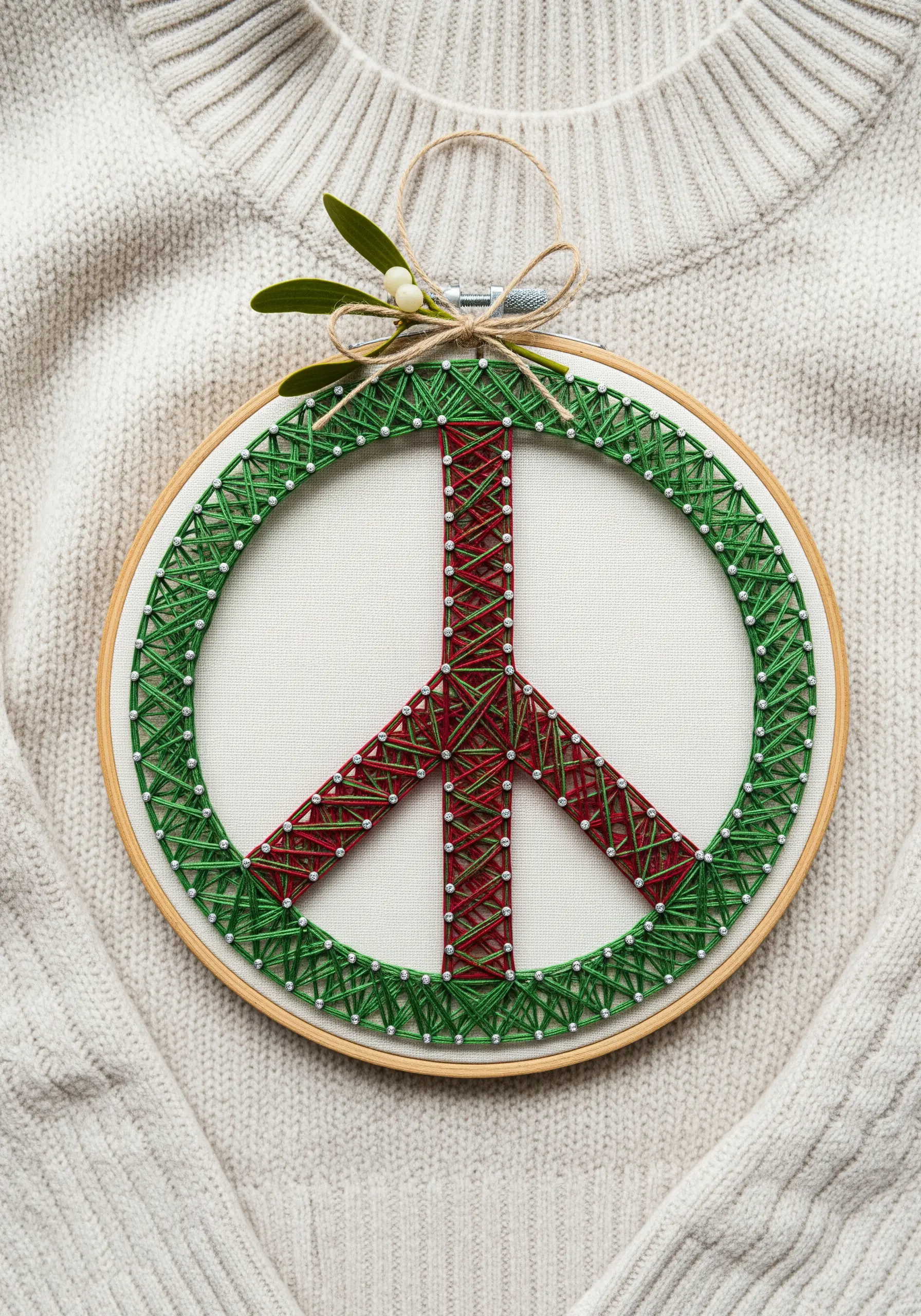 A peace sign made with red and green string art in an embroidery hoop.