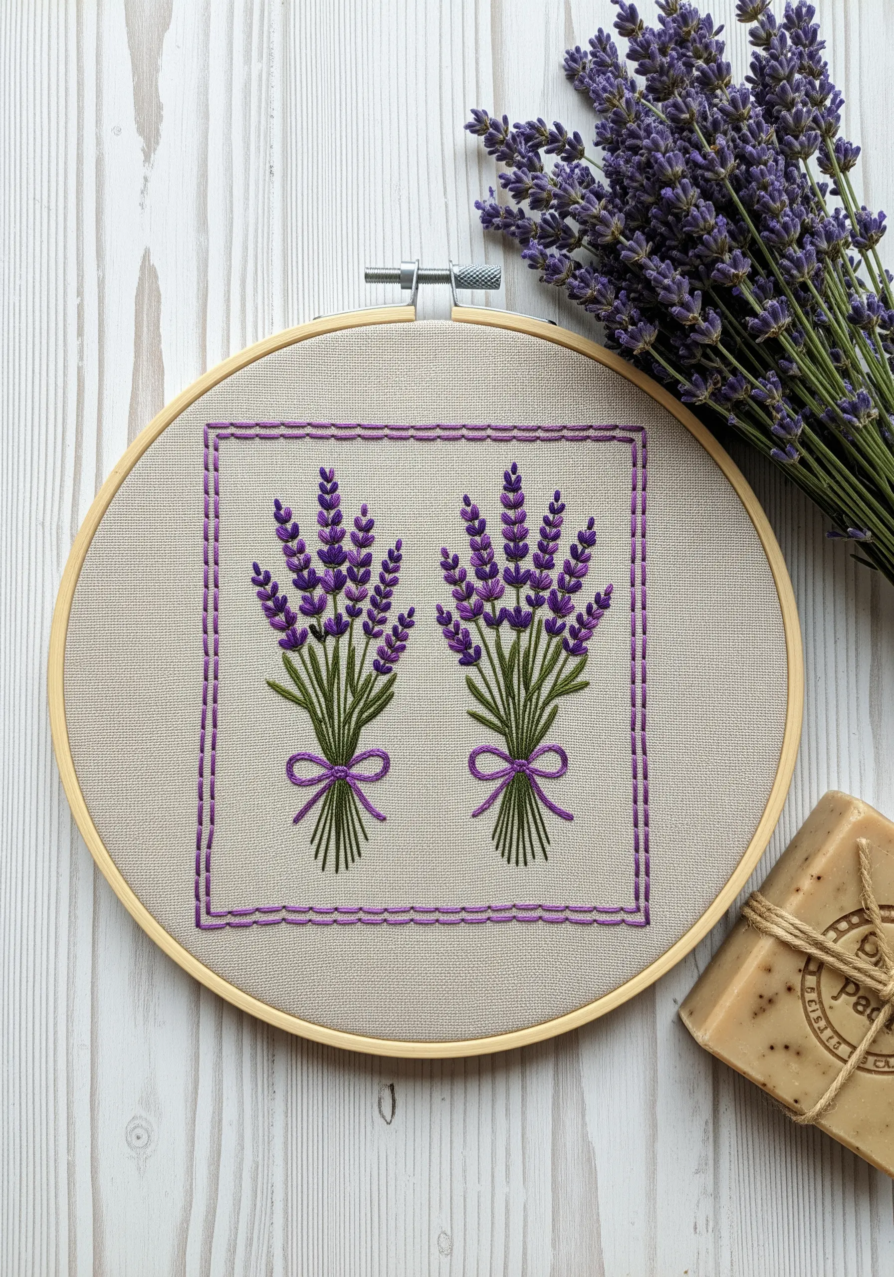 Two embroidered lavender bouquets inside a stitched purple border on natural linen fabric.