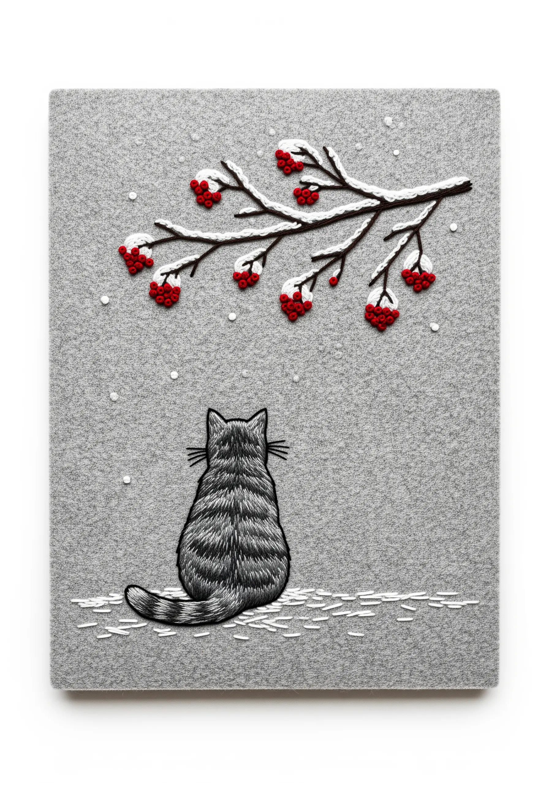 Embroidered cat on grey felt, looking at a snowy branch with red berries.