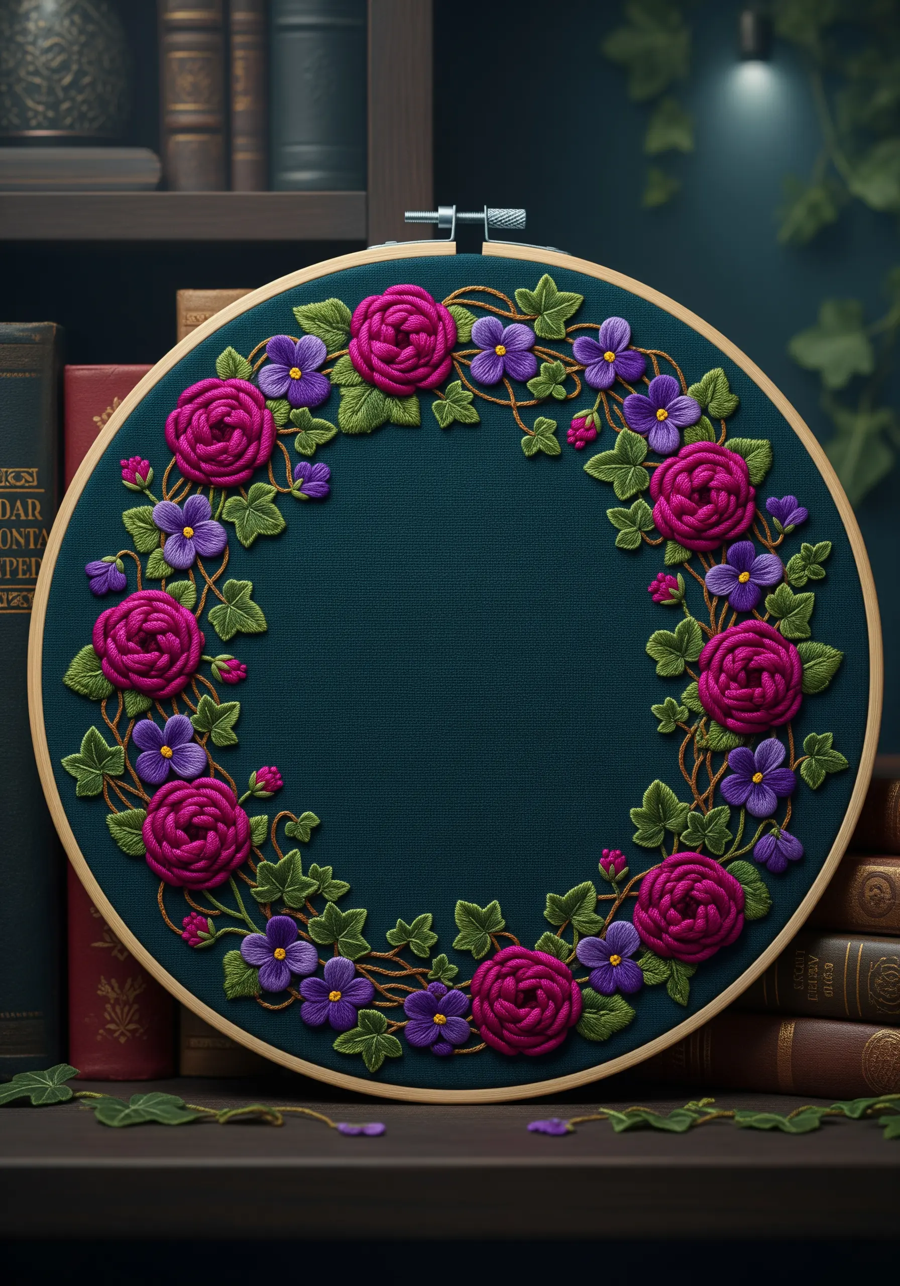 A vibrant floral wreath with magenta roses and purple pansies on a dark teal background.