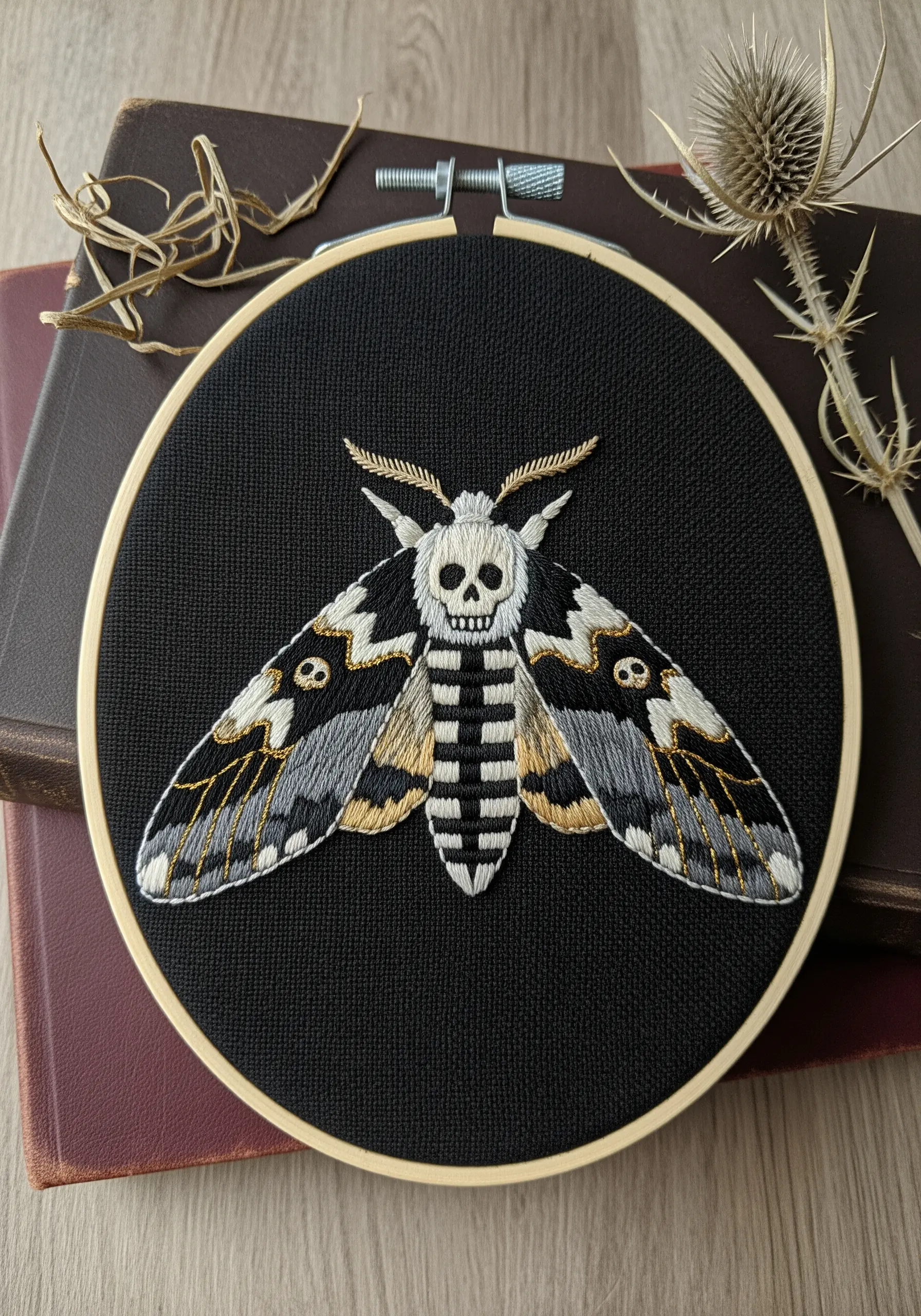 A death's-head hawkmoth embroidered with gold metallic thread accents on black fabric.