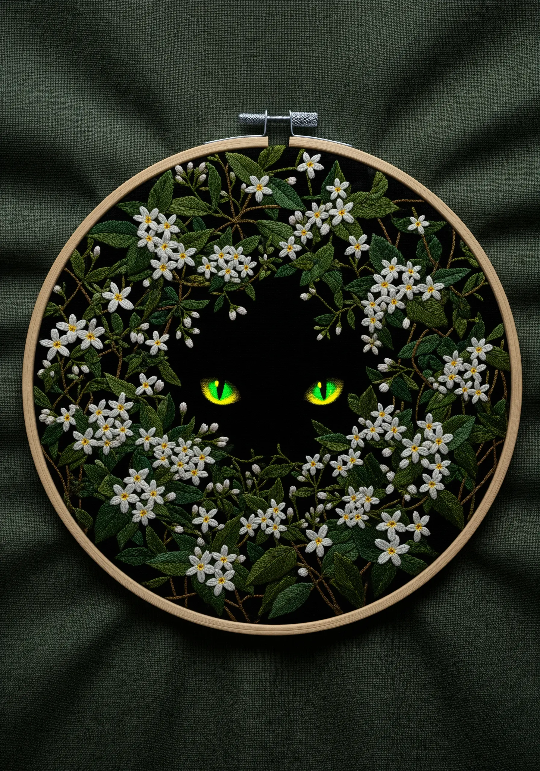 Glowing green cat eyes embroidered in a dark bush of white flowers.