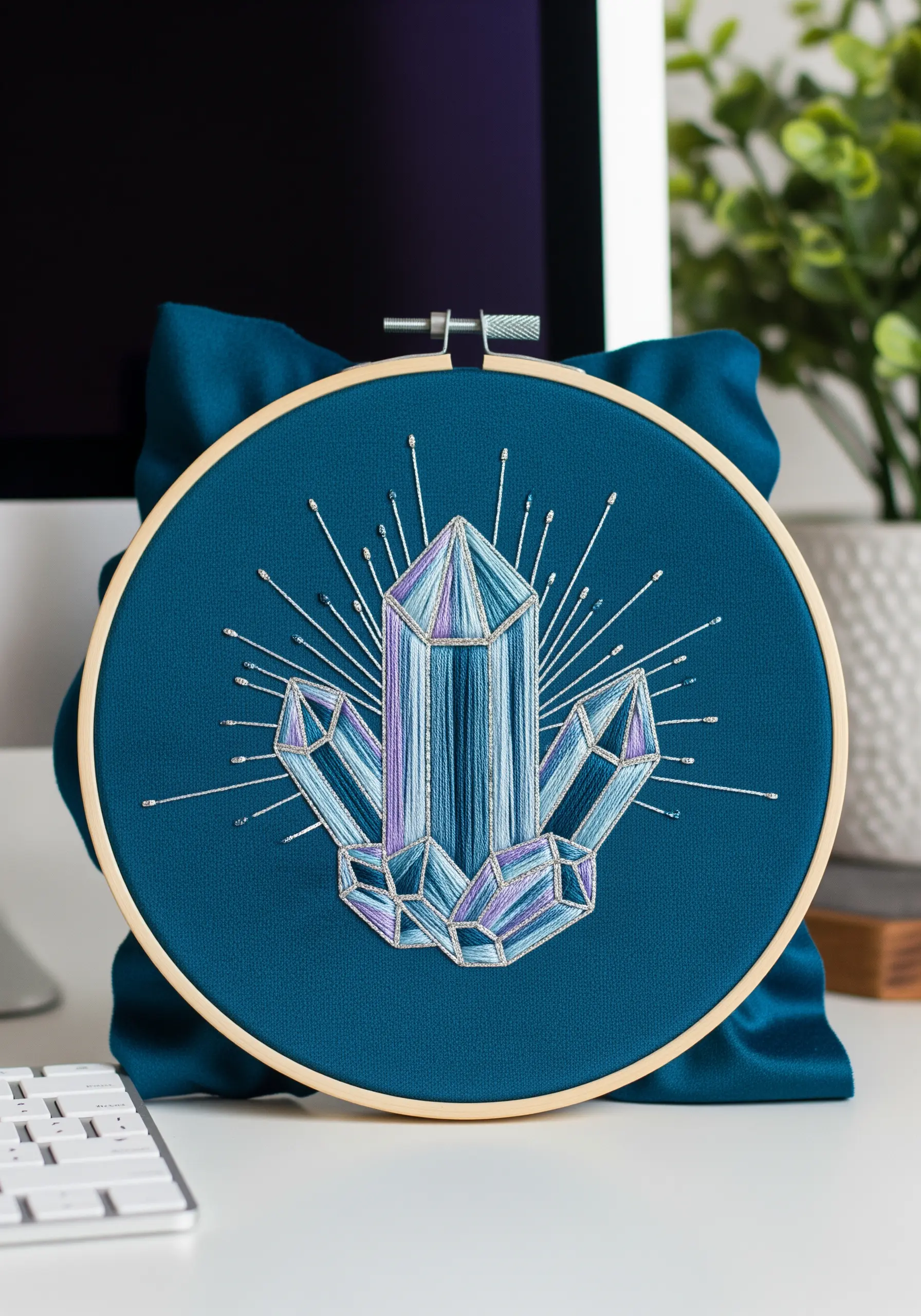 Crystalline structure embroidered with satin stitch in shades of blue and purple.