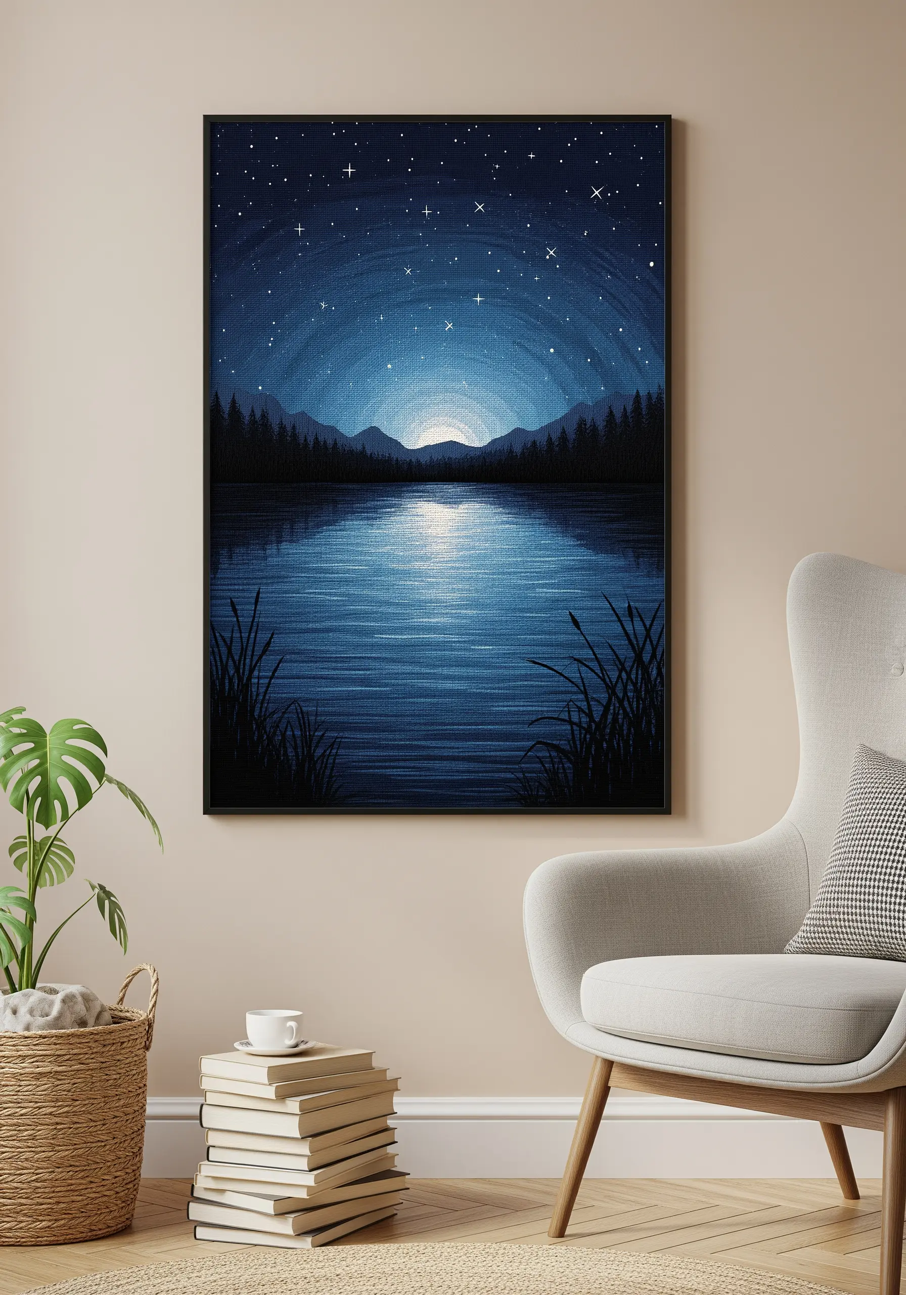 Night sky embroidery with lake reflection and stars
