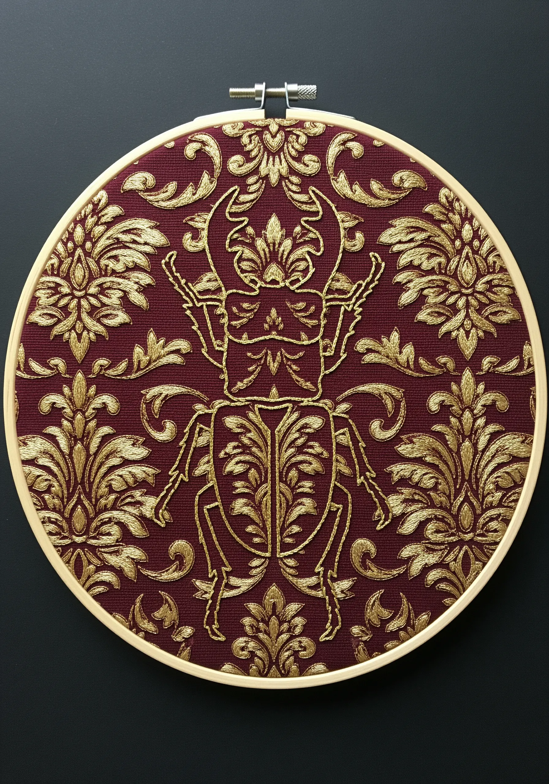 A beetle outlined in gold thread on red damask fabric, using the fabric pattern as its fill.