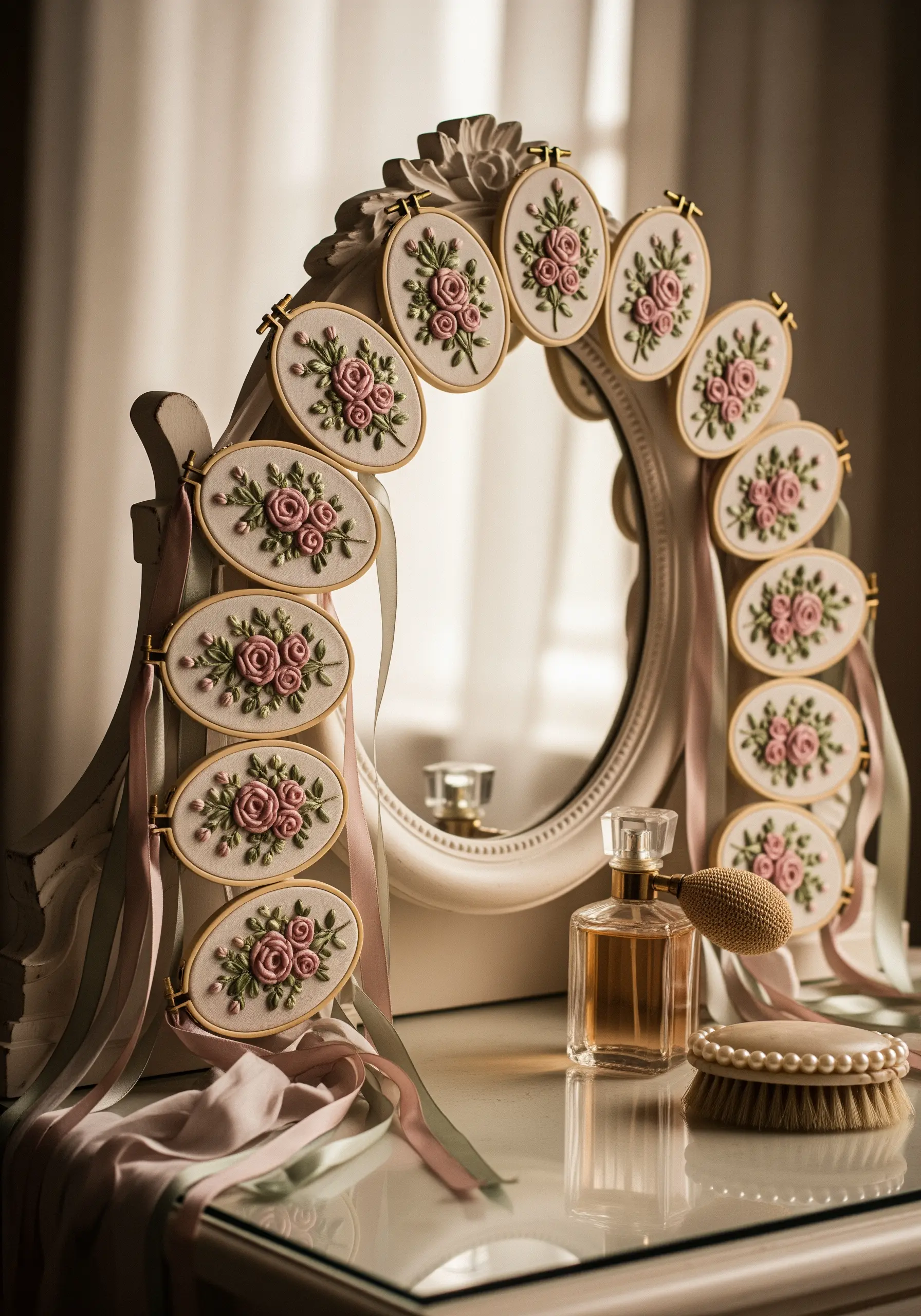 Floral embroidery hoops arranged around a vintage vanity mirror