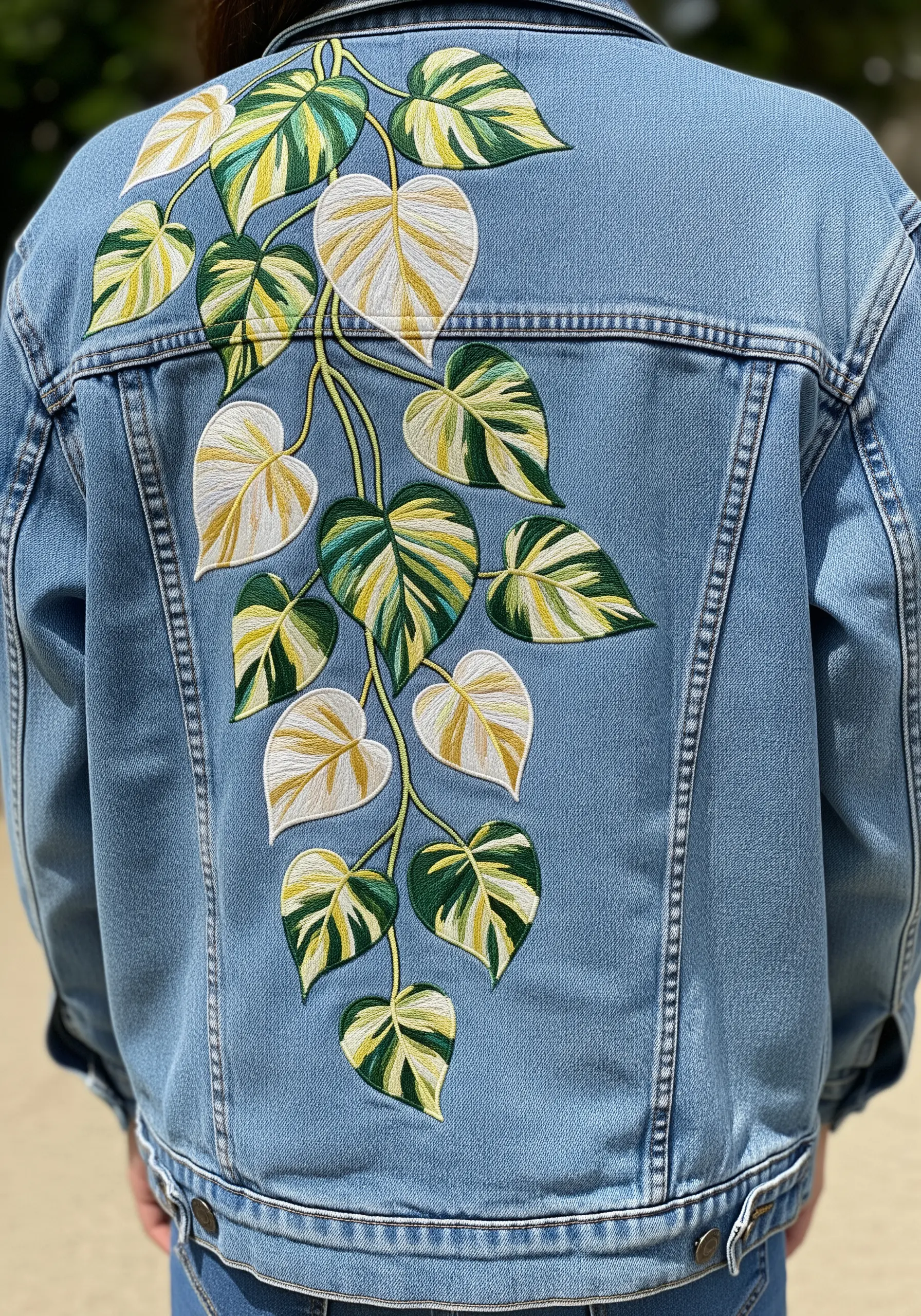 A large embroidery of variegated leaves on the back of a denim jacket.