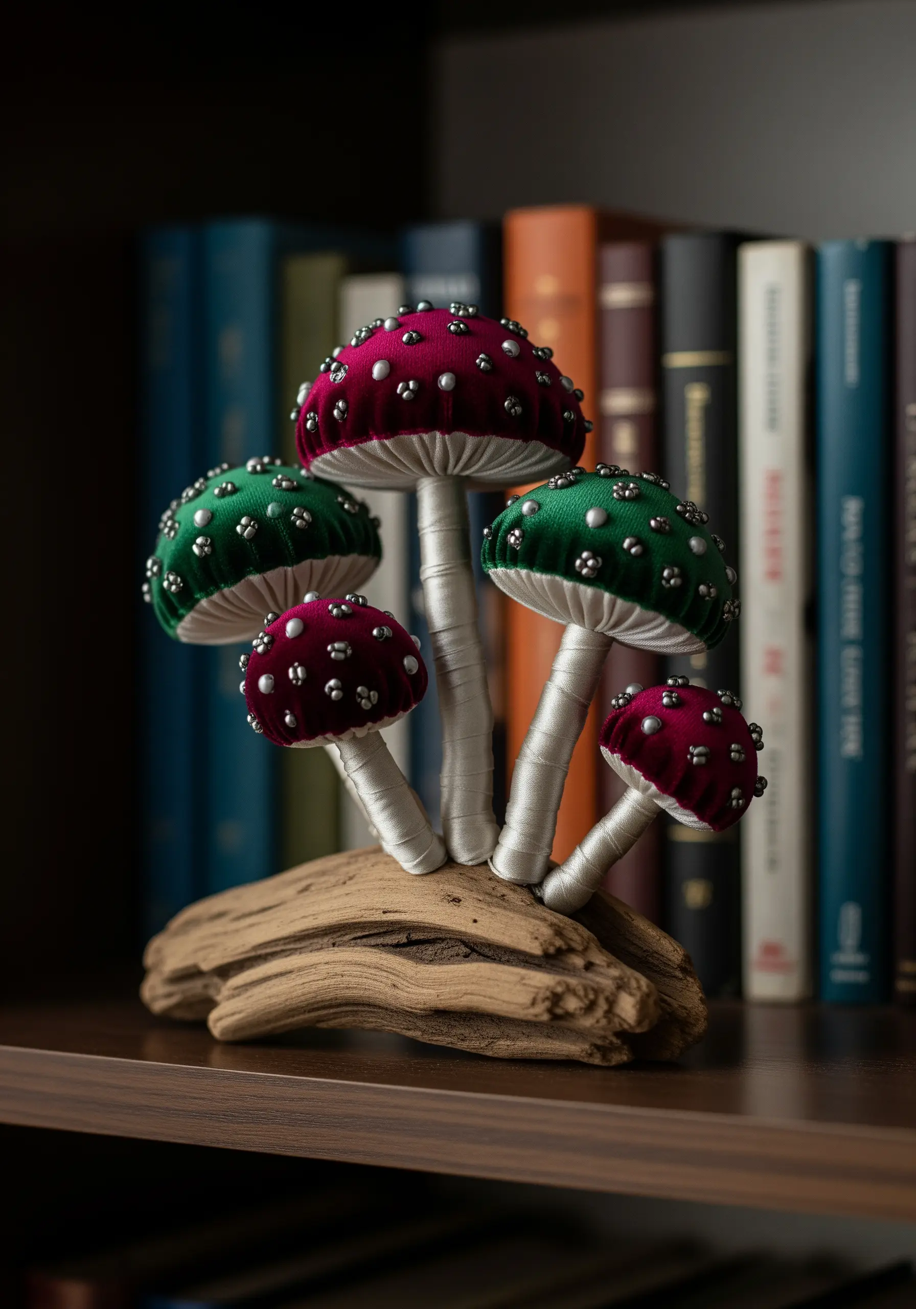 Velvet fabric mushrooms with bead embroidery