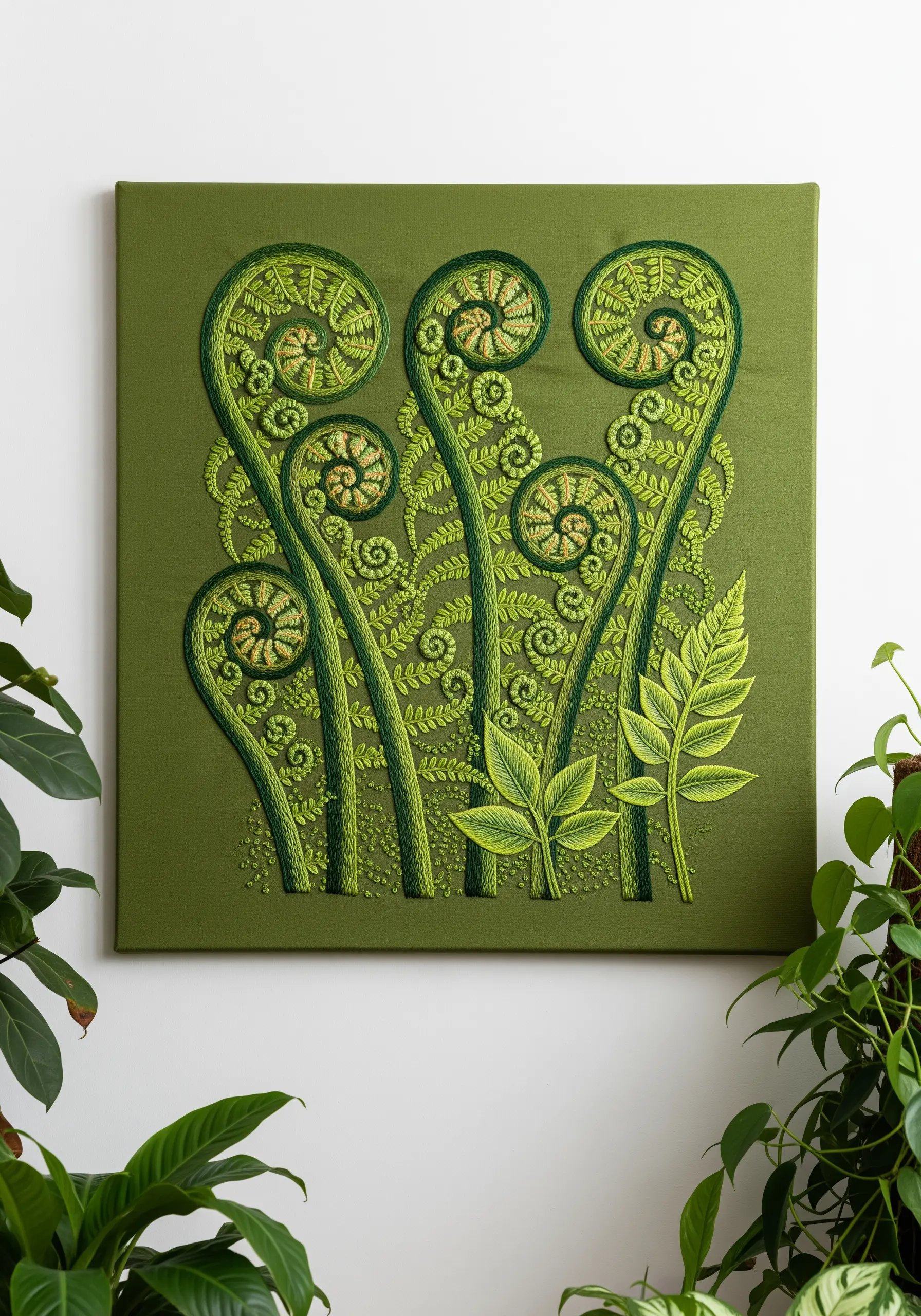 Detailed thread-painted ferns on a green canvas, showing fiddleheads and unfurled fronds.