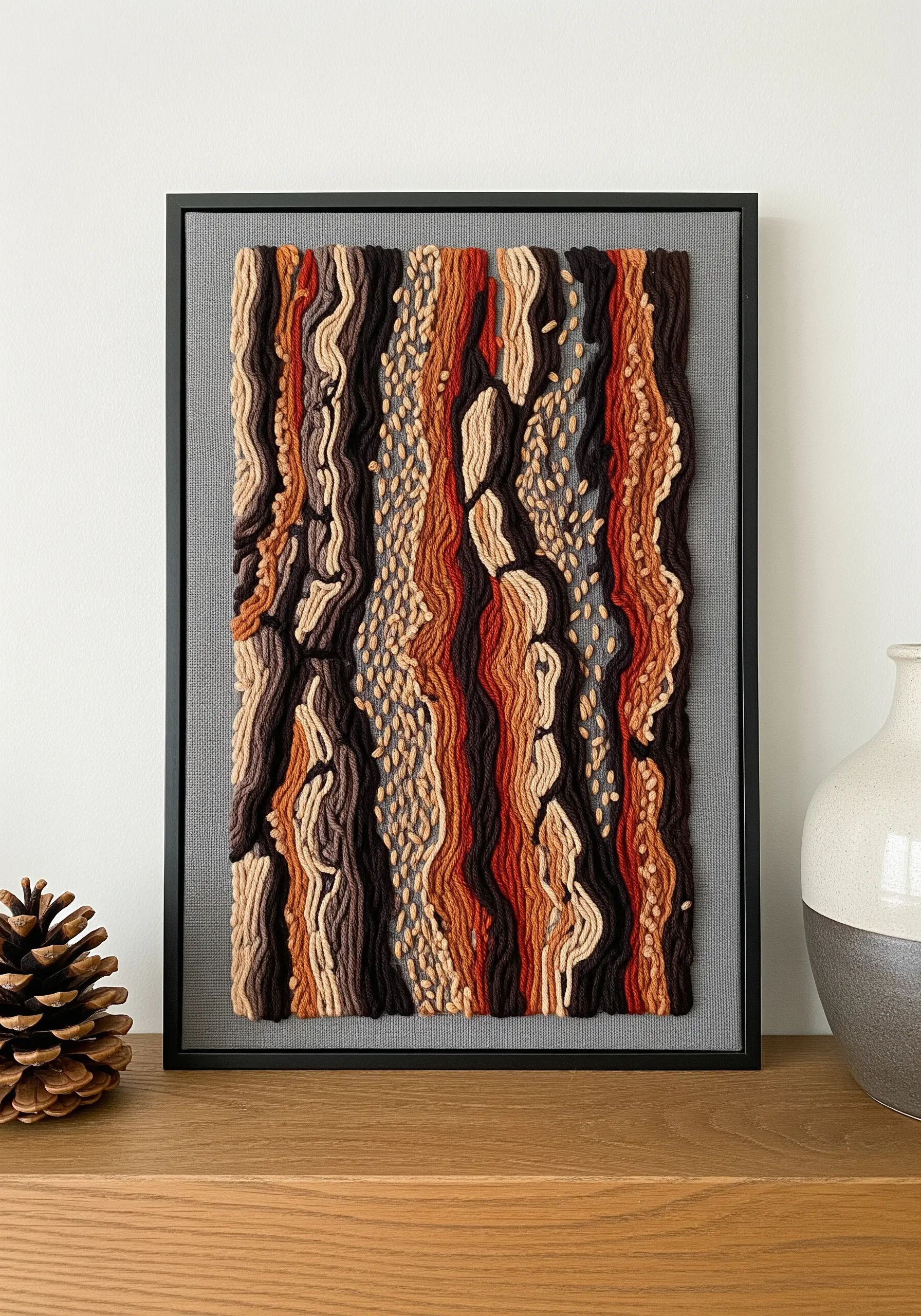 Framed fiber art depicting vertical tree bark textures using couched thick yarns and seed stitches.