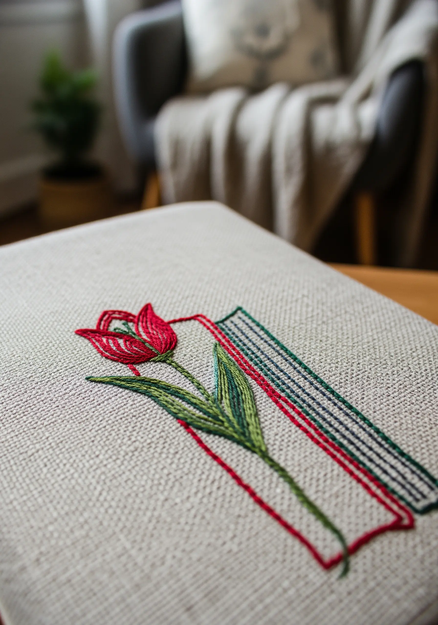 Red tulip embroidery rising from a stylized book spine on linen