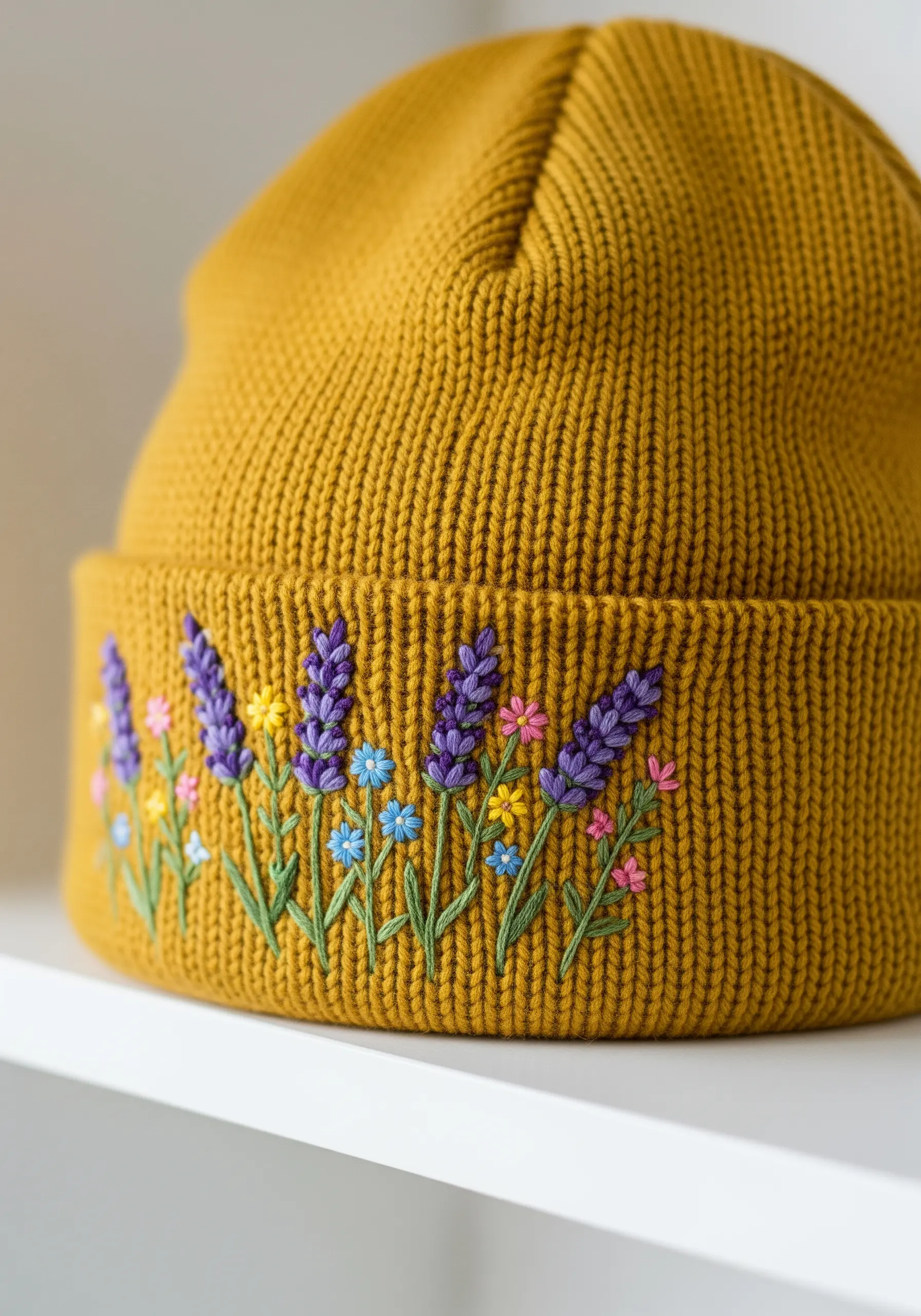 Mustard yellow beanie hat embroidered with purple lavender stems along the brim