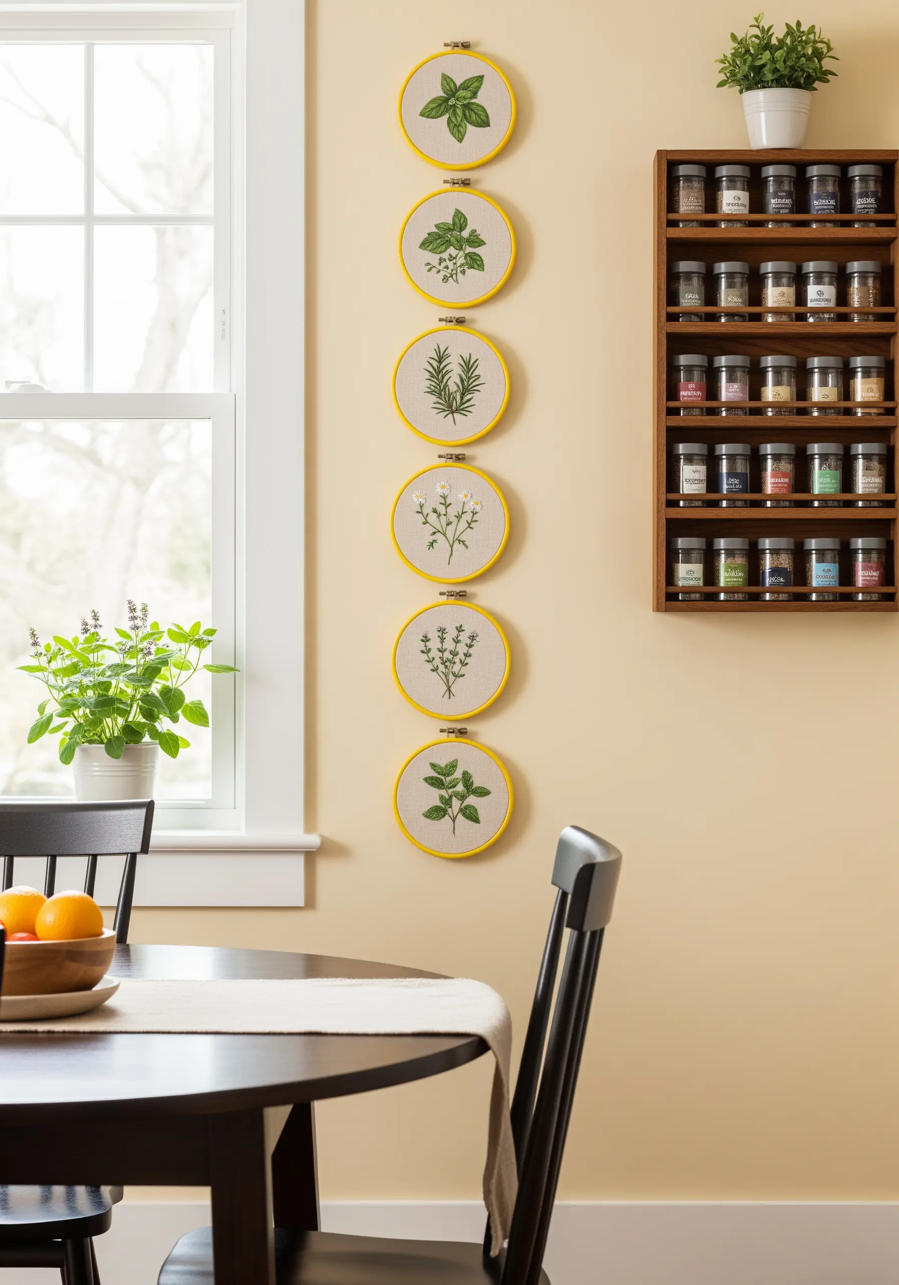 Vertical stack of five embroidery hoops displaying different herbs on a kitchen wall