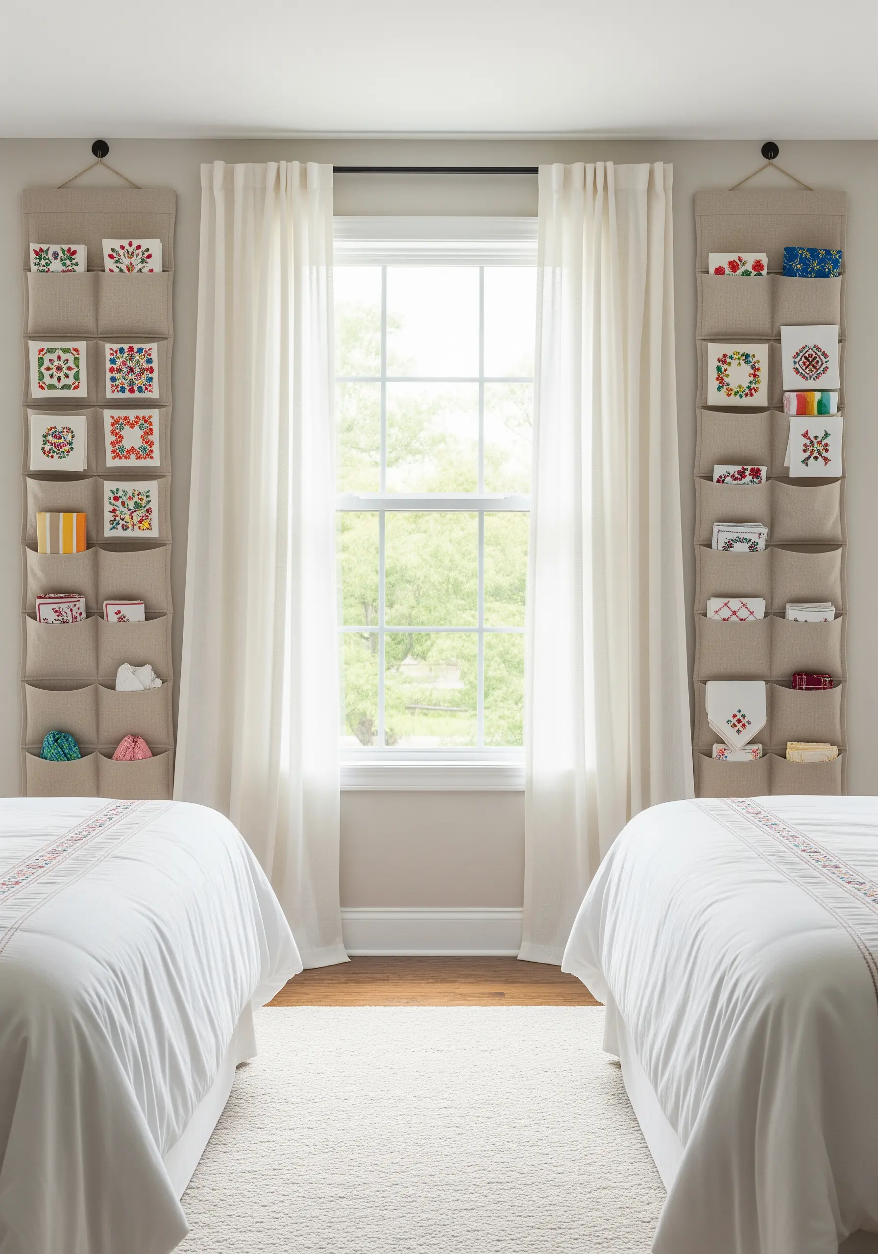 Hanging beige fabric organizer with embroidered pockets on each side