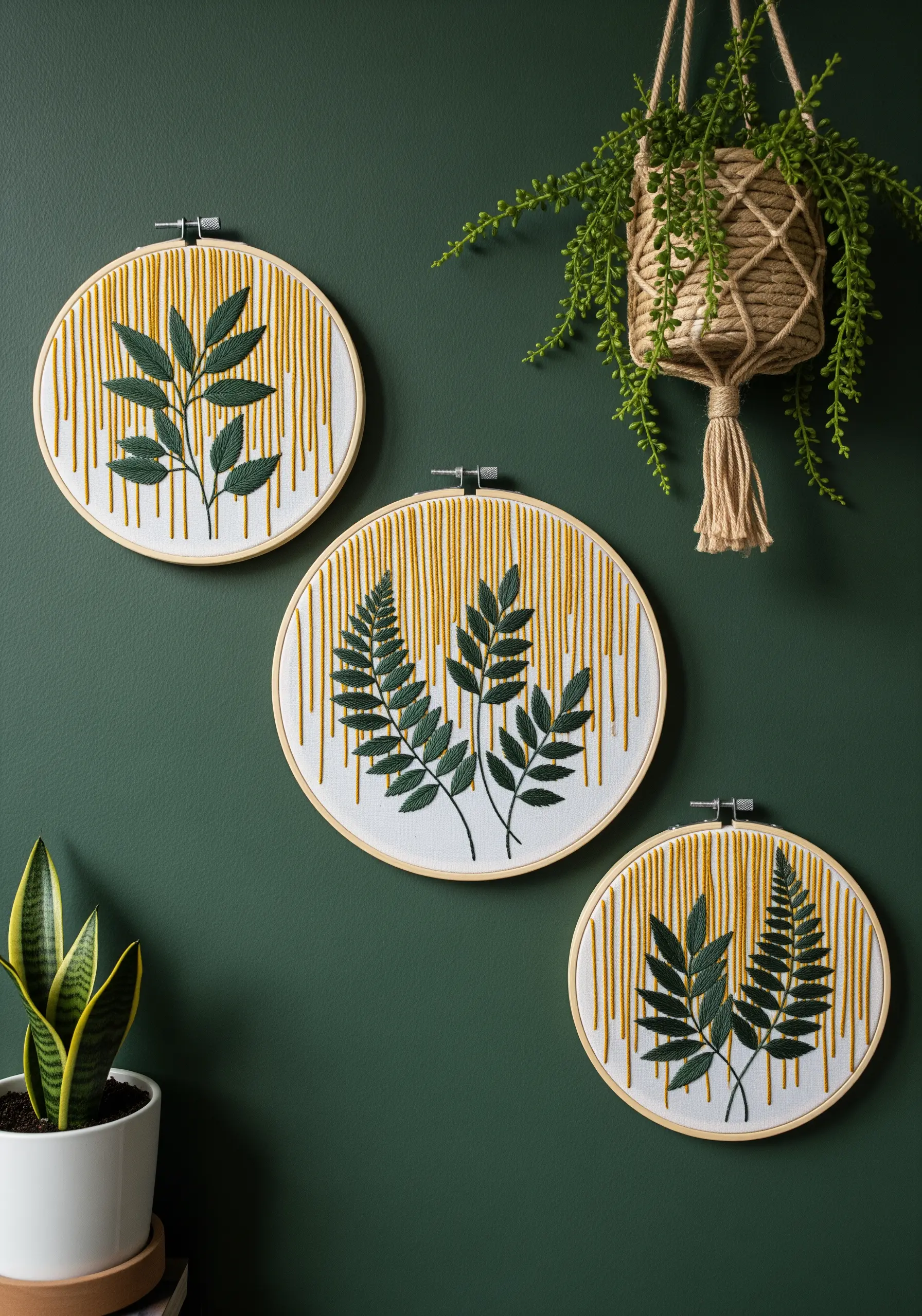 Green leaves embroidered over vertical yellow stripe background