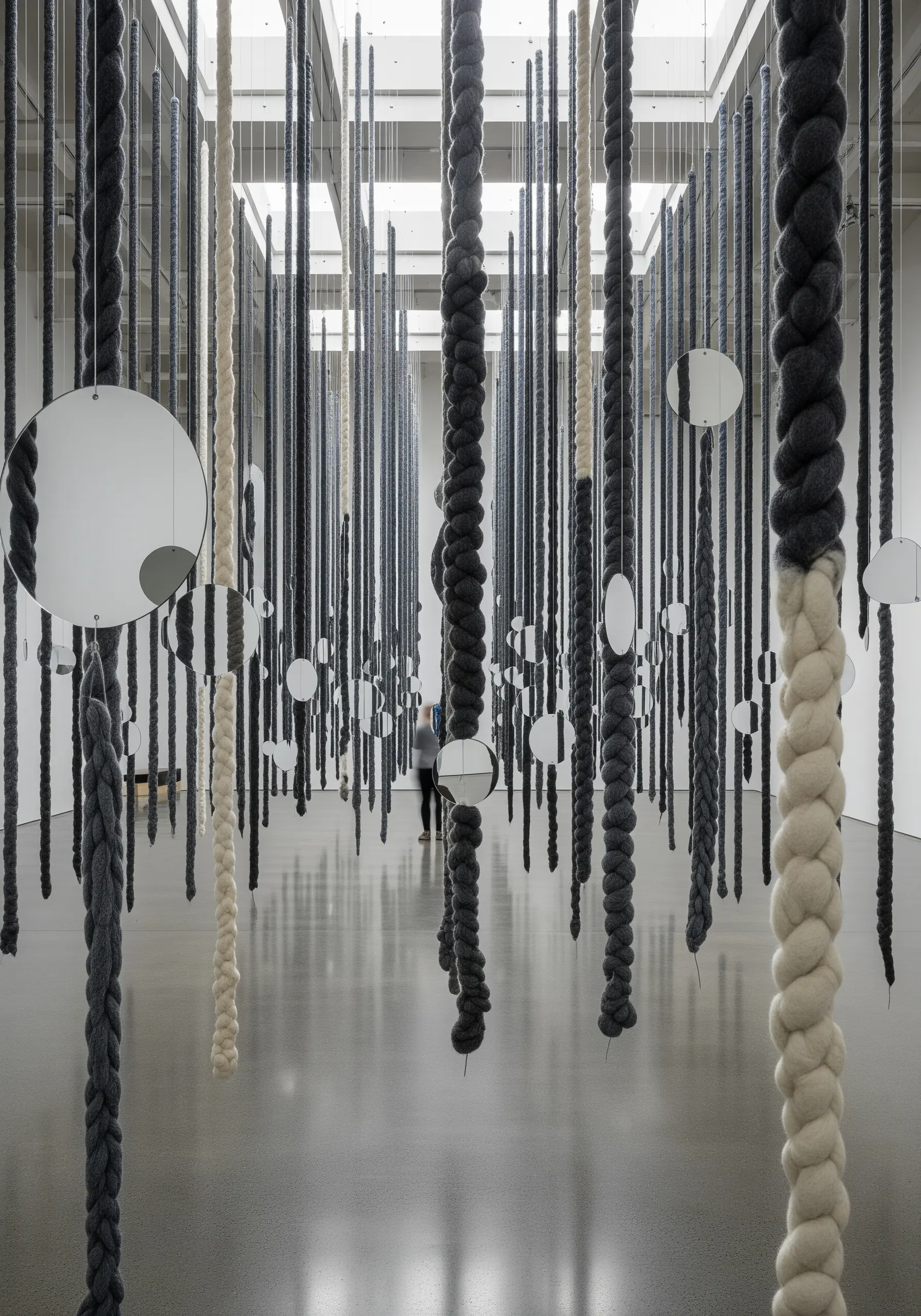 Gallery installation of hanging dark ropes and circular mirrors