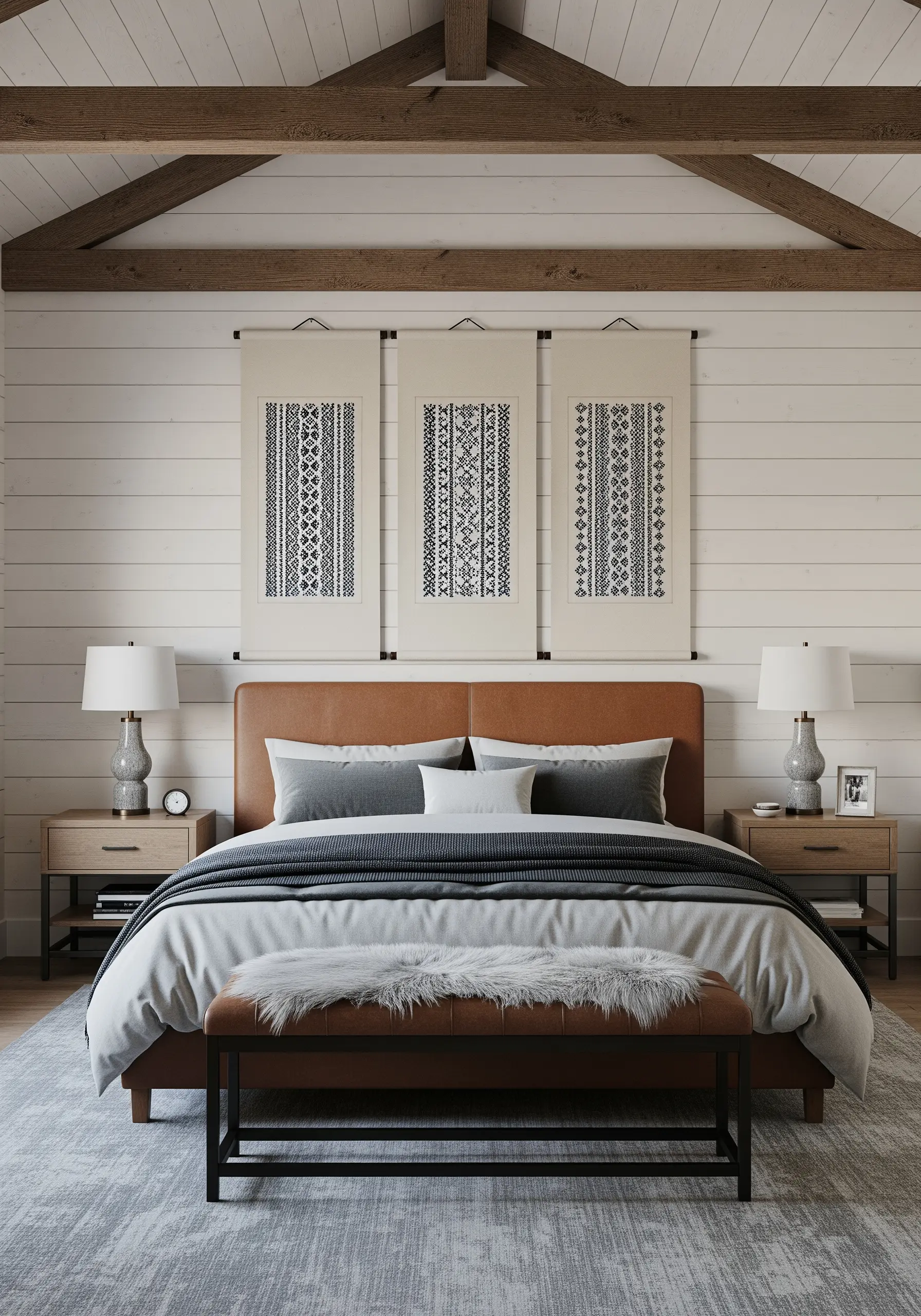 Three vertical beige scrolls with black geometric embroidery patterns