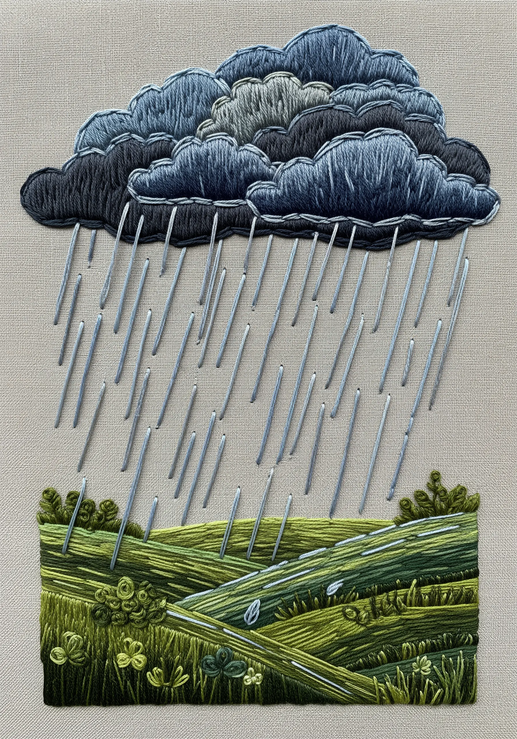 Dark rain cloud embroidery with vertical rain stitches
