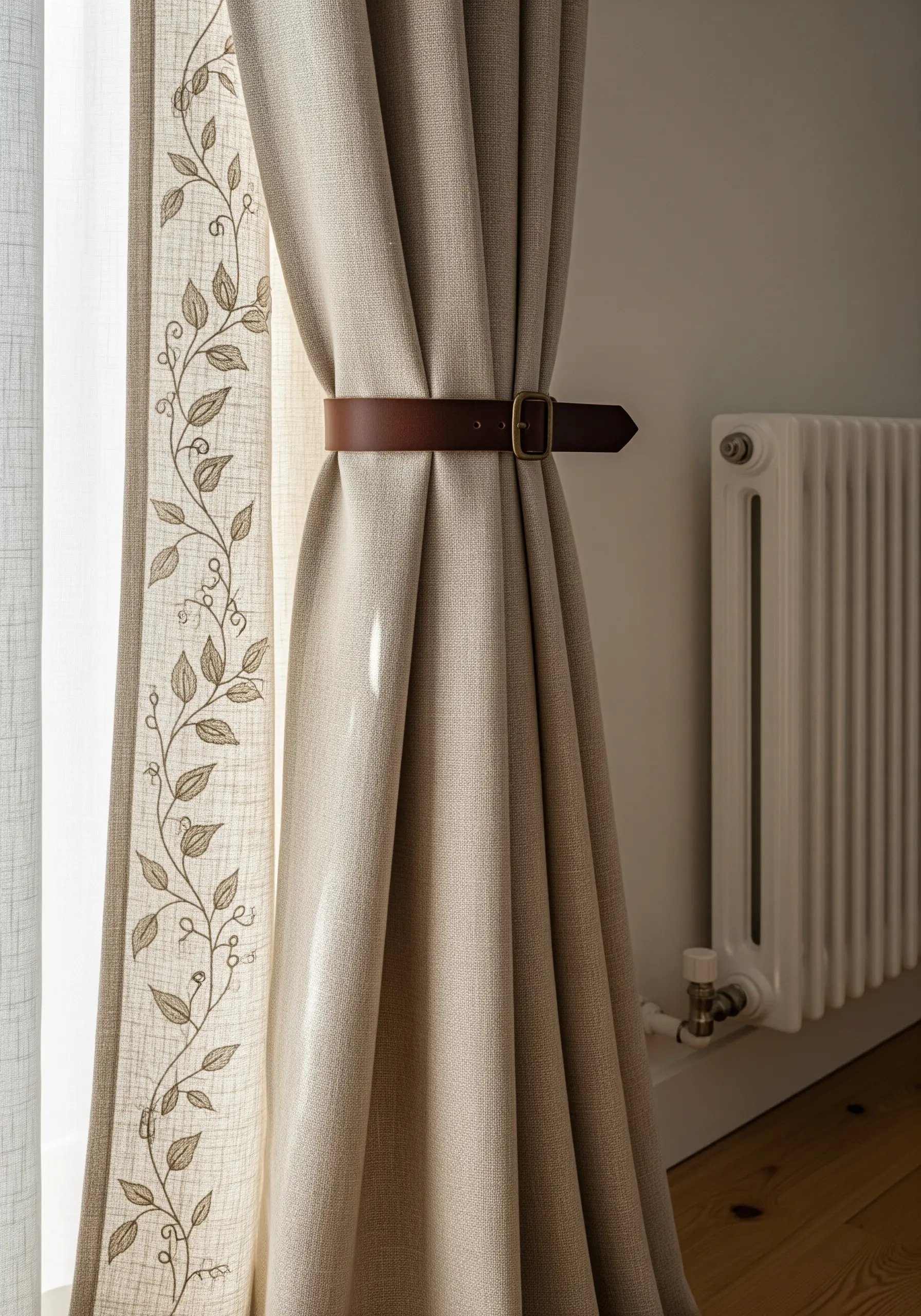 Beige linen curtain with vertical vine embroidery pattern