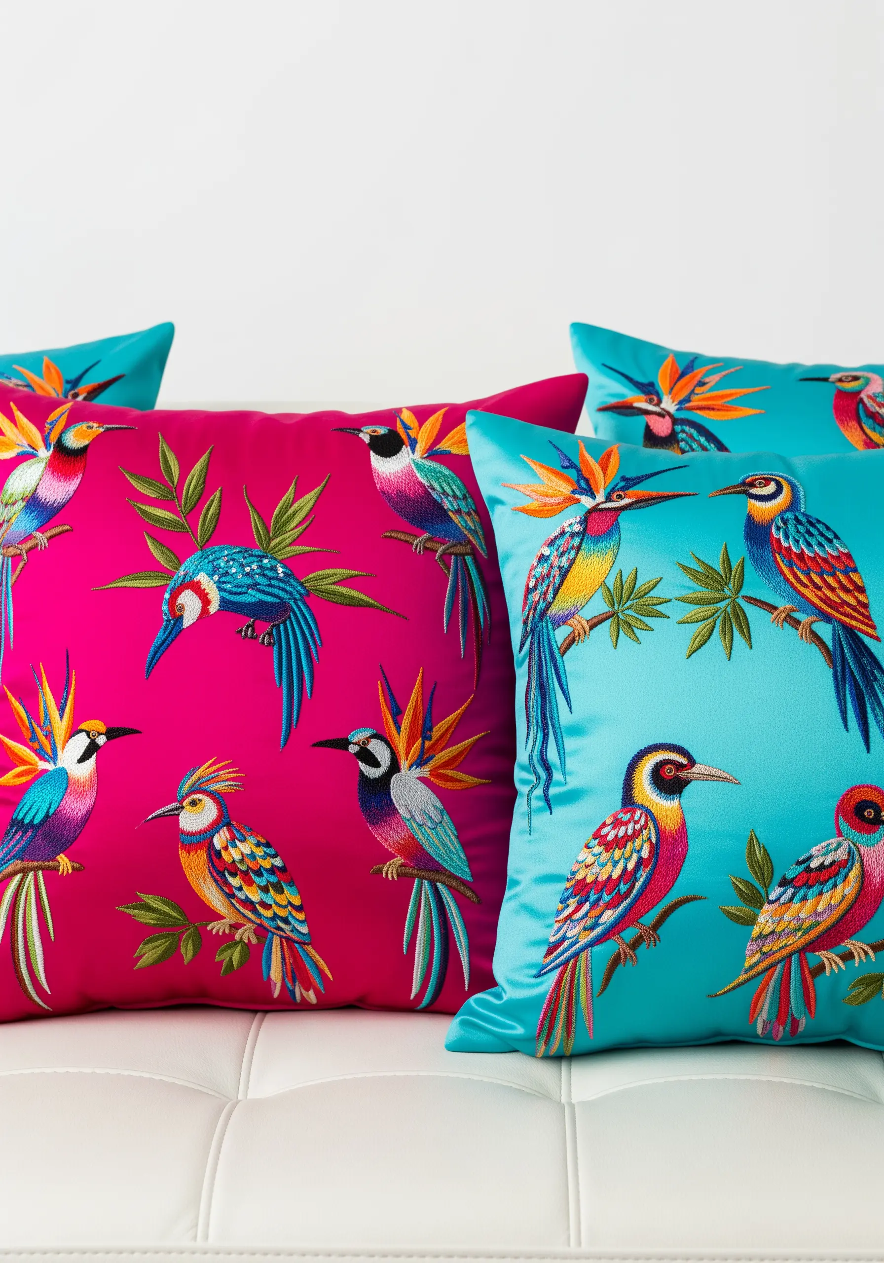 Colorful thread-painted tropical birds on bright magenta and turquoise pillows.