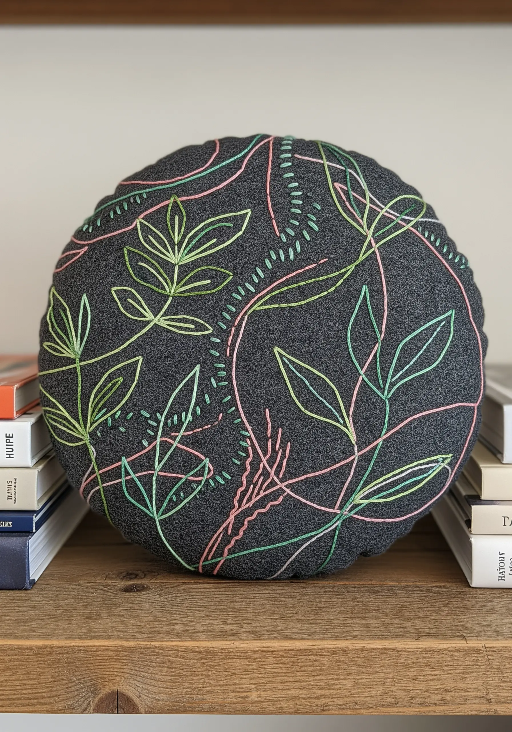 Abstract botanical line art in neon green and pink threads on a dark gray felt pillow.