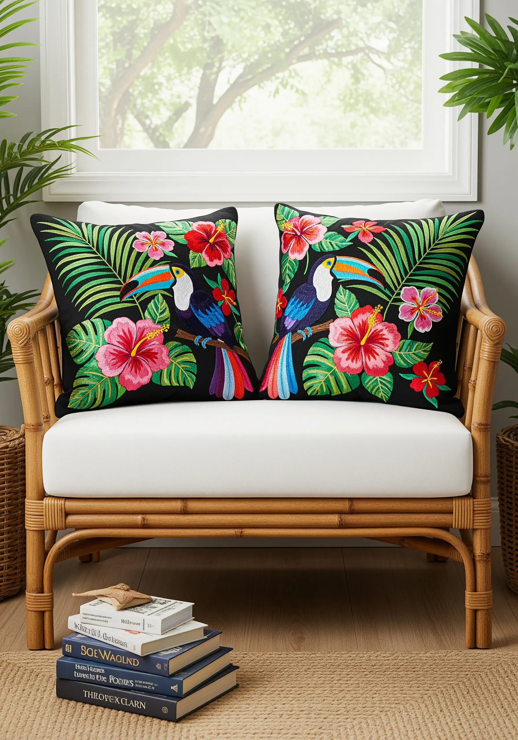 Two cushions on a rattan chair with vibrant embroidery of toucans and hibiscus on a black background.