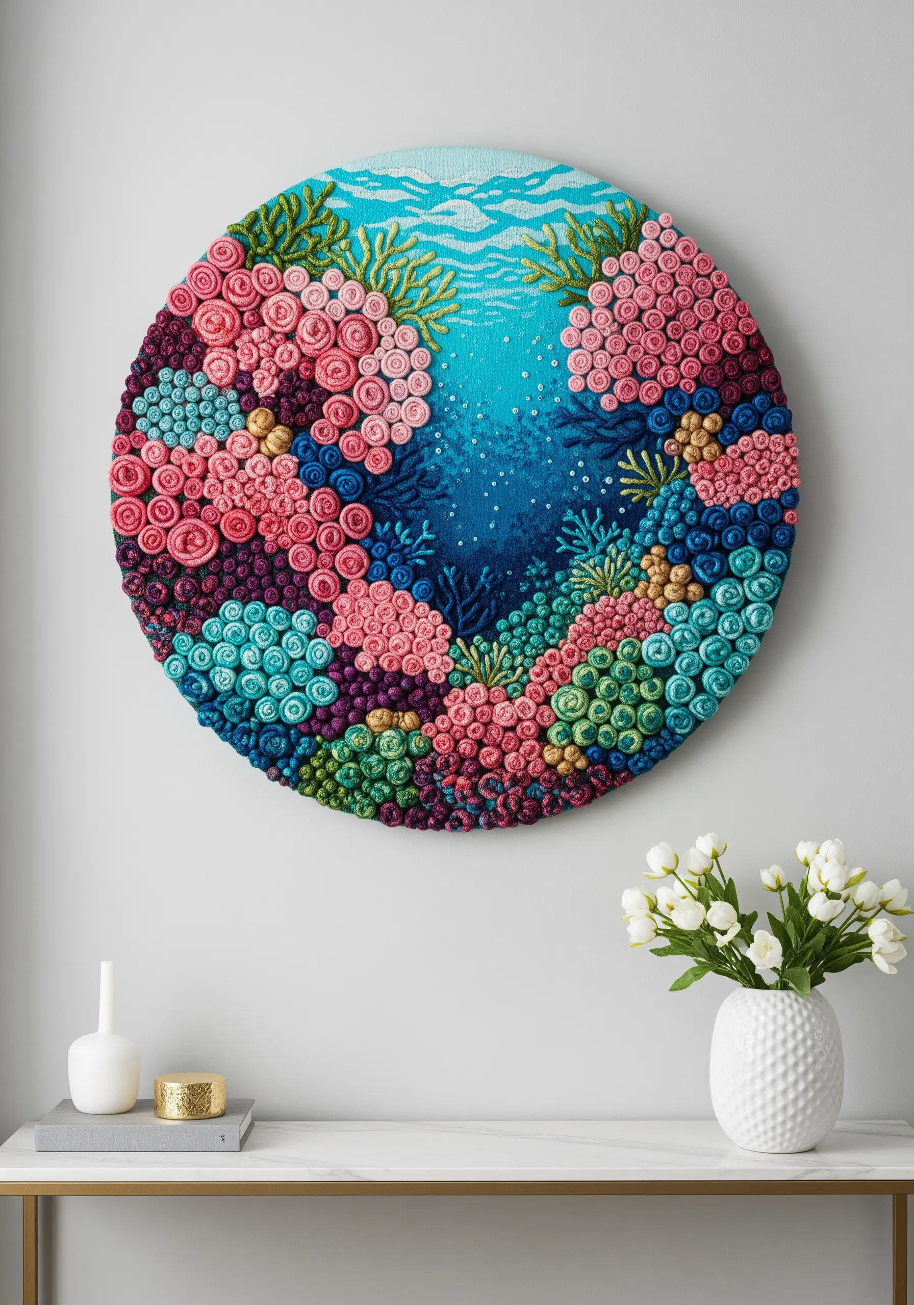 Circular embroidery of a colorful coral reef with textured knots and stitches.