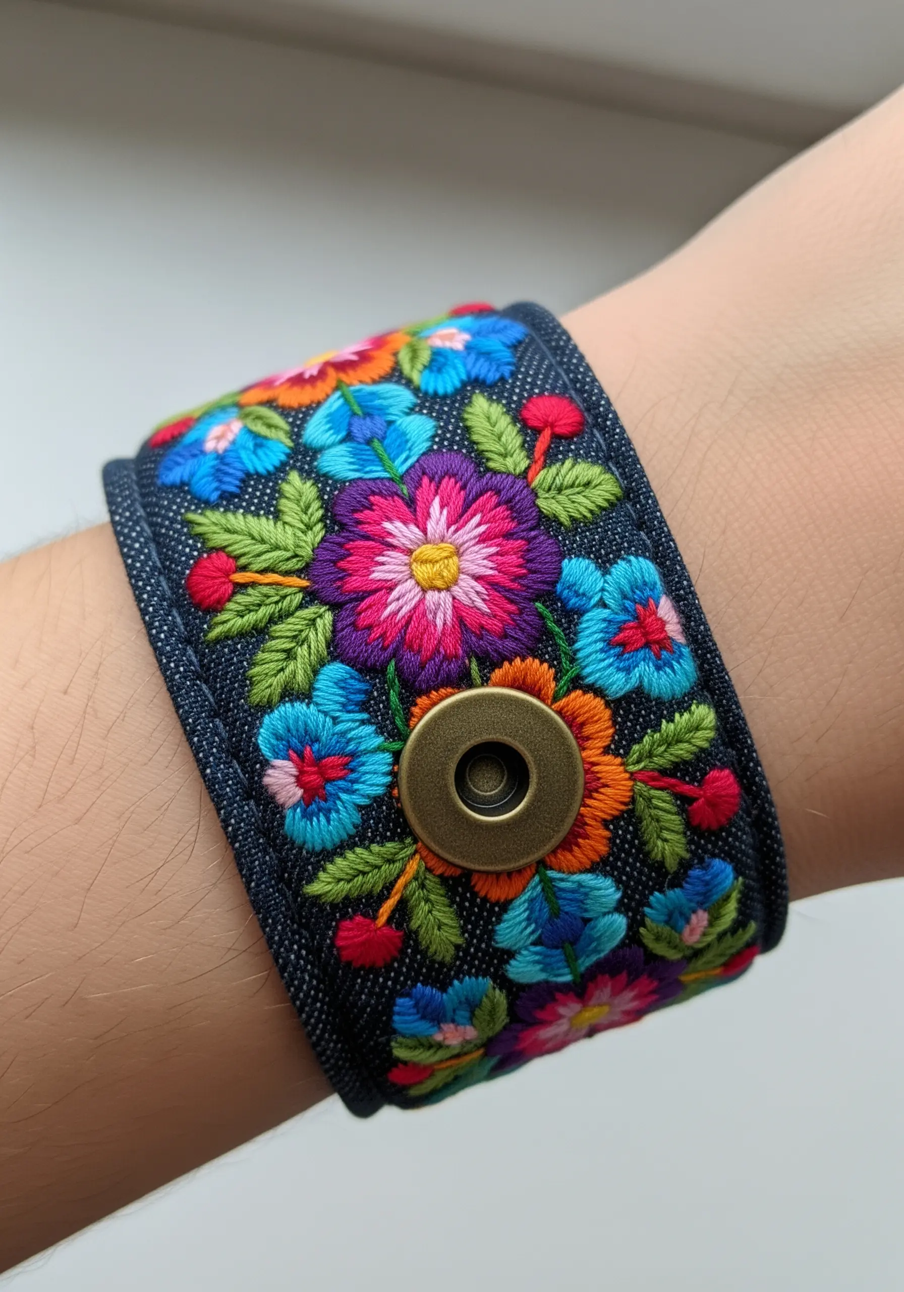 A wide denim cuff bracelet completely covered in colorful, dense floral embroidery.